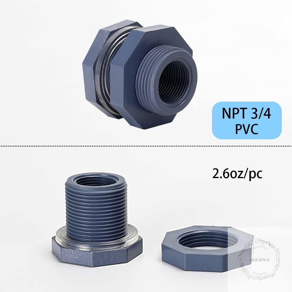 2 Pieces 3/4 Inch PVC Bulkhead Fitting for Water Barrel, Water Tank Rain Barrels