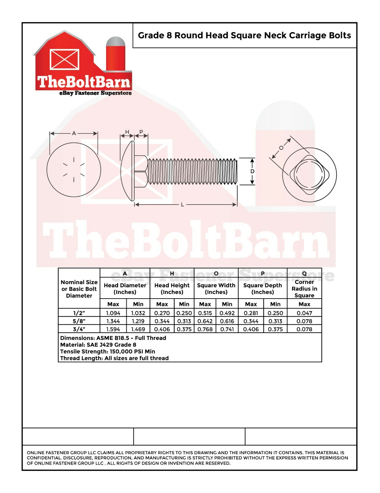 1/2″-13 Grade 8 Full Thread Round Head Square Carriage Bolts (Pick Length & Qty)