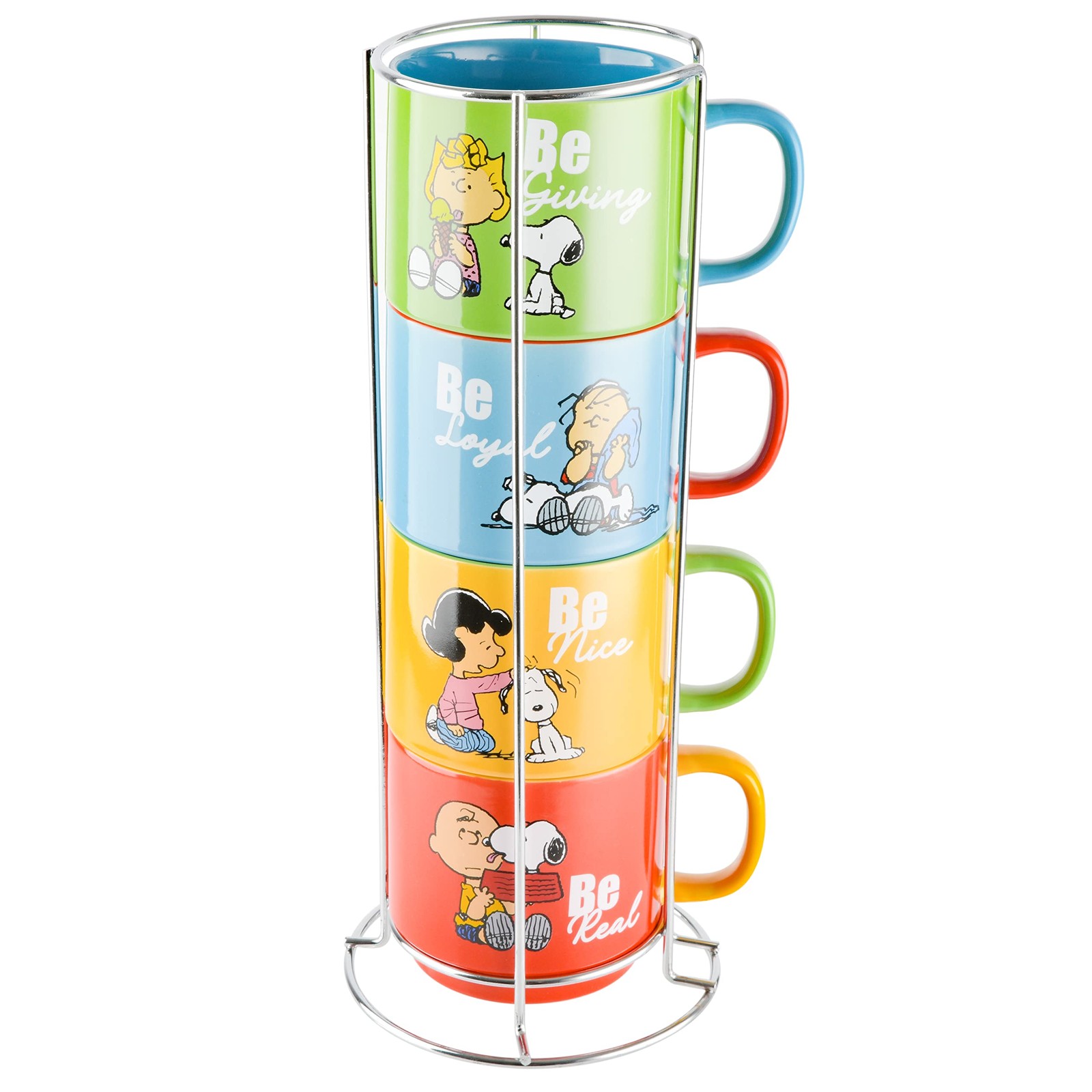 Peanuts Snoopy Gentle Reminders 15Oz Stackable Mugs W/Metal Rack Stoneware