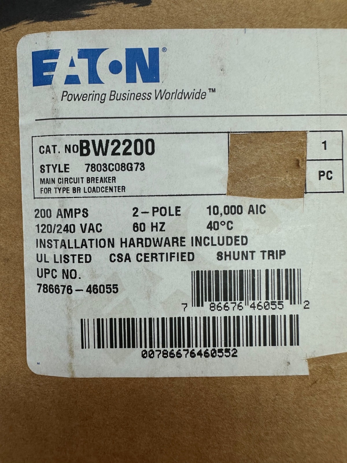Eaton BW2200 200 Amp Main Circuit Breaker for Type BR Load Centers