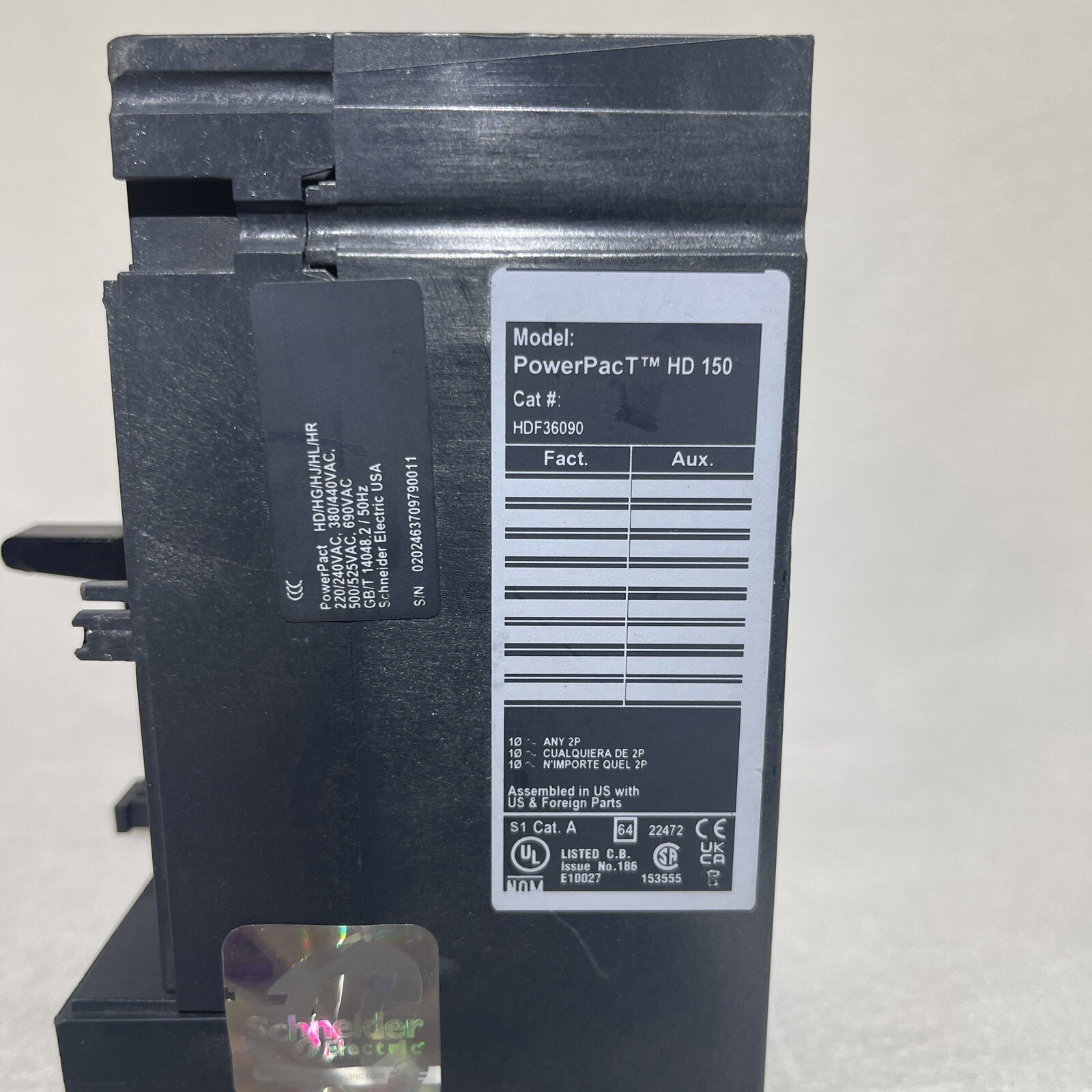 Square D HDF36090 90 A 3 P 600 VAC H Frame PowerPact Molded Case Breaker