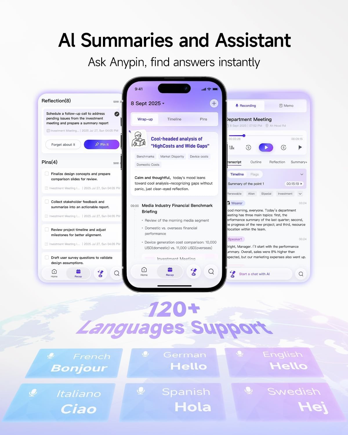 Anypin Wearable AI Voice Recorder 64GB Transcribe 120+ Languages Cosmic Blue