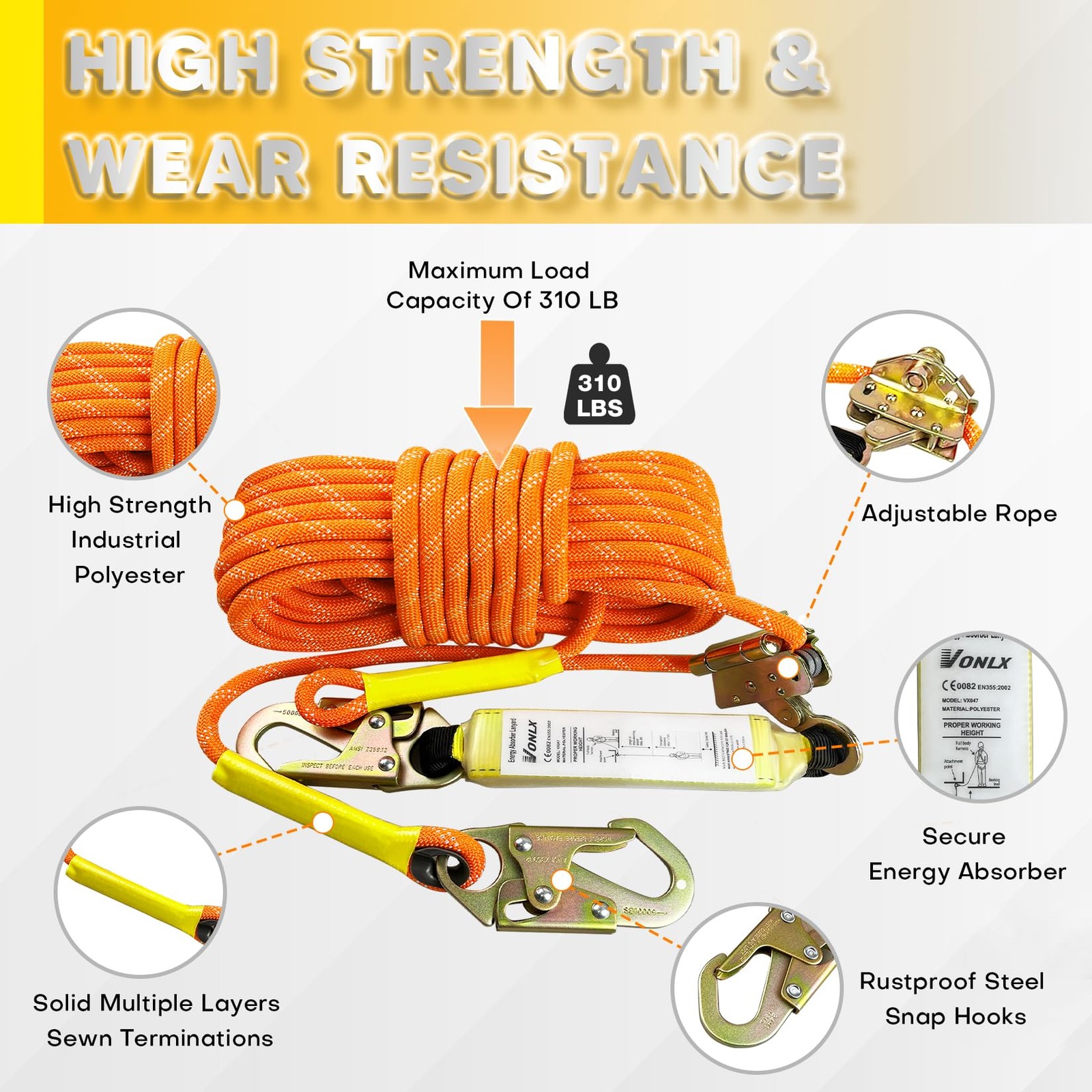 Fall Protection Safety Rope 50FT Heavy Duty Vertical Roofing Ropes Alloy Steel