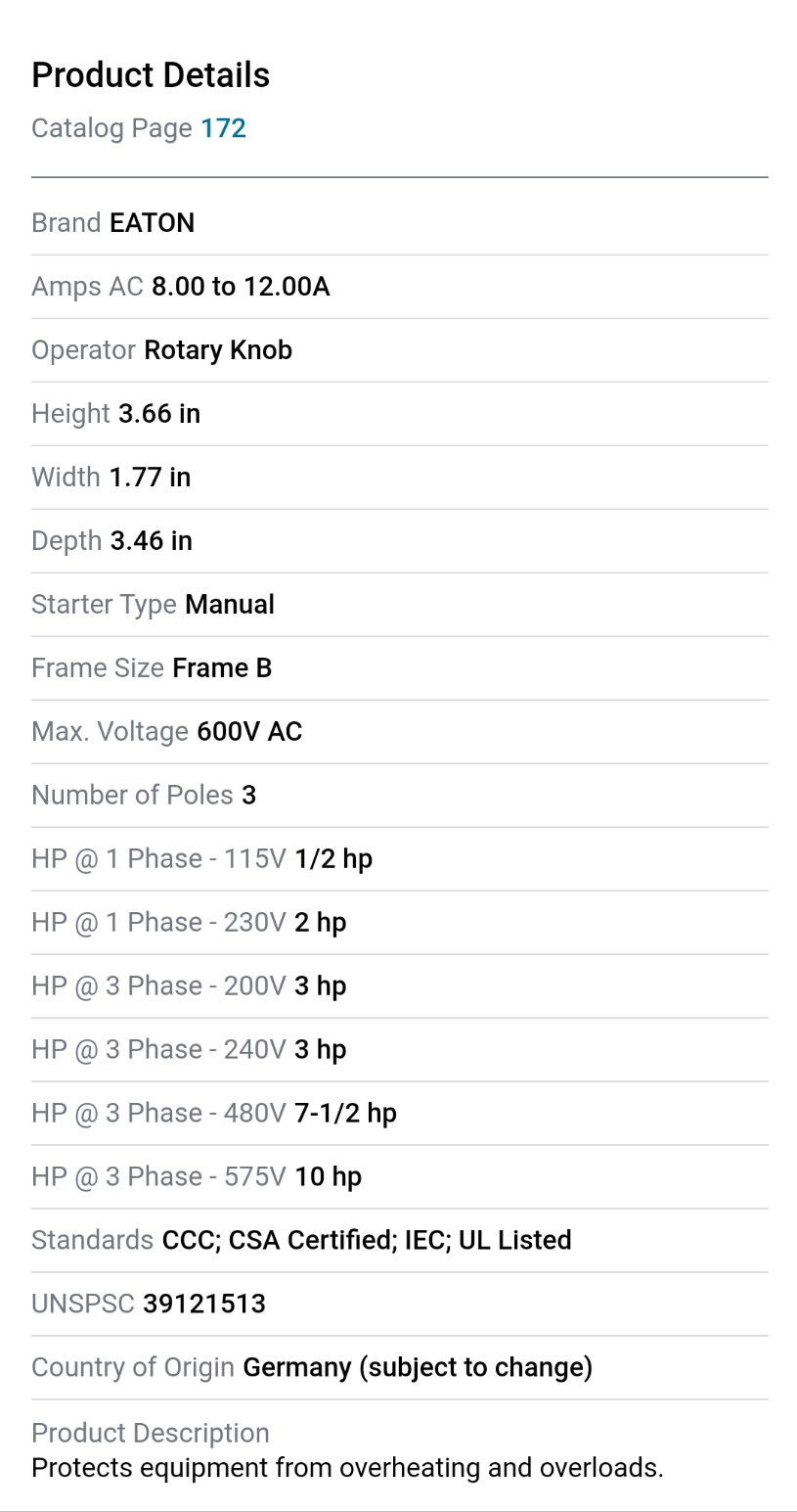 Eaton XTSC012BBTD MMC FVNR 8-12A, PKZM0-12, XTPR012BC1, DIL M12-10