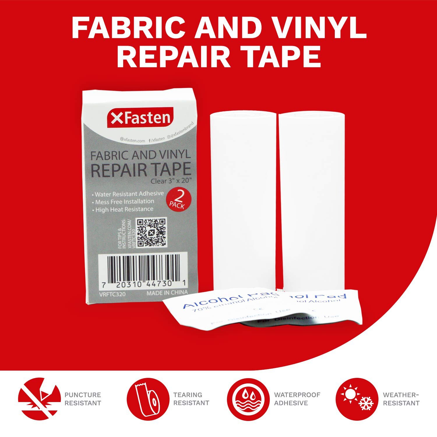 XFasten Fabric and Vinyl Repair Tape, Clear, 3-Inches by 20-Inches (2-Set)