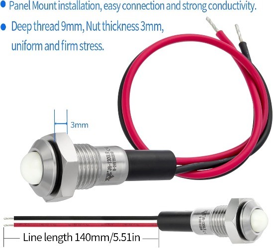 UL Listed Mini Indicator Light 8mm 0.31 Inch Waterproof White 12-24V DC/AC