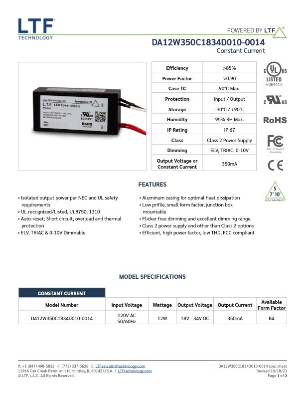 LTF LED 12watt 350mA constant current electronic DC driver 18-34VDC dimmable DA1