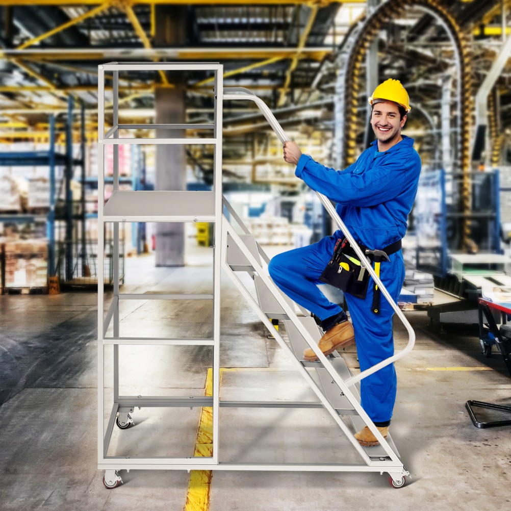 6 Step Rolling Warehouse Step Ladder, Movable Platform Ladder with Locking Wheel