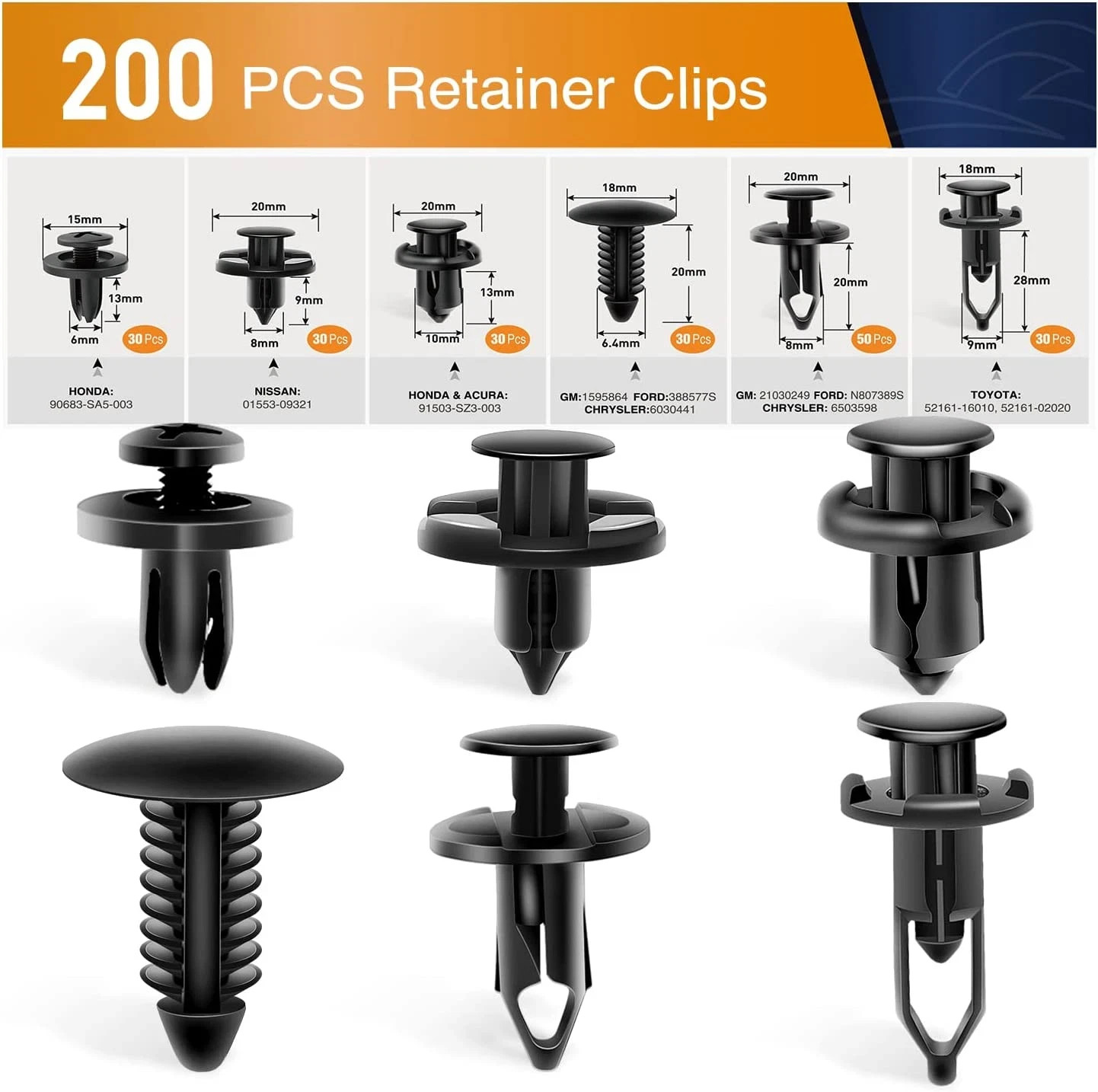 200Pcs Car Push Fender Clips Retainer Fasteners Bumper Rivet Assortment Kit