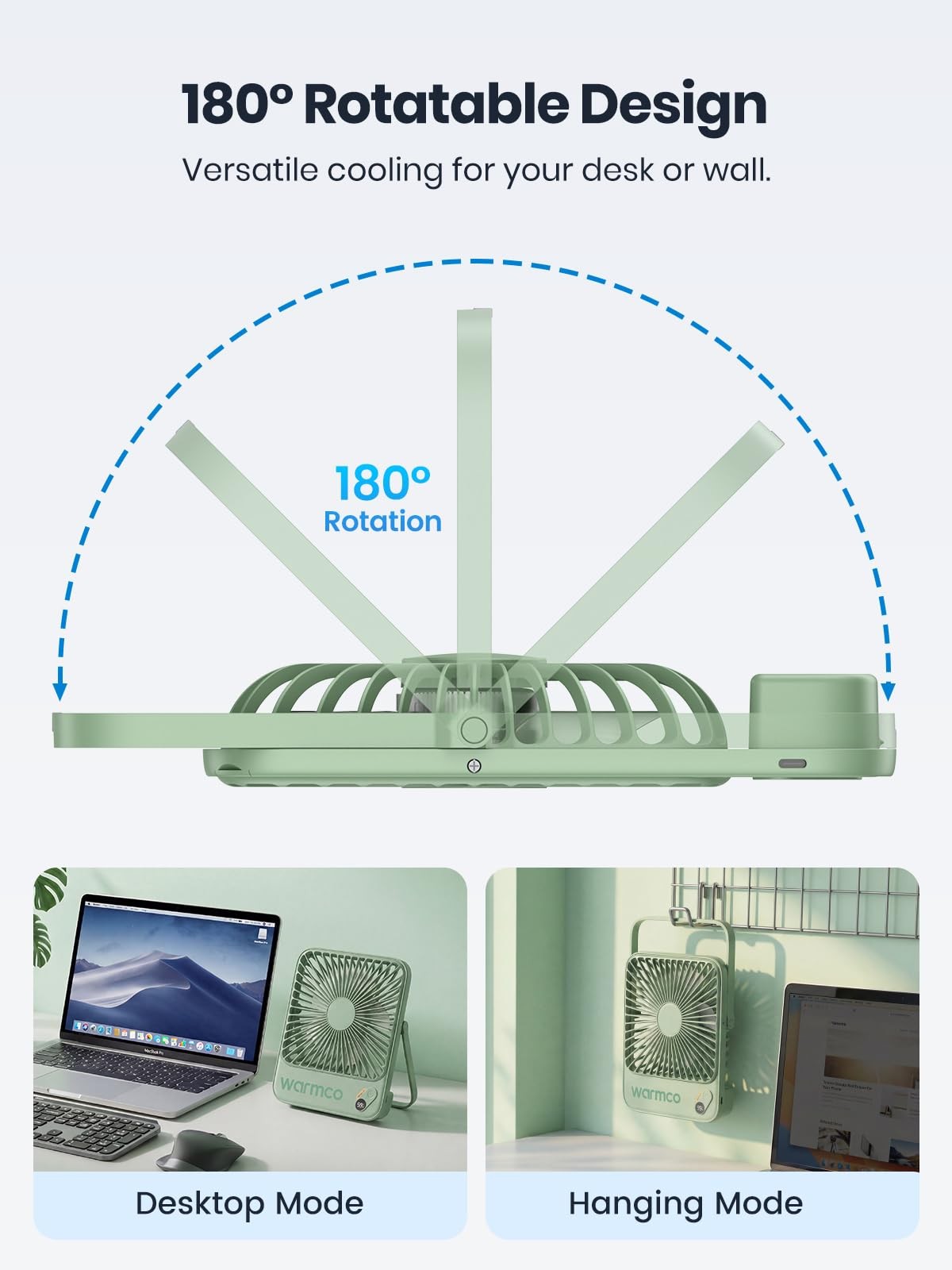Warmco 10000mAh Portable Travel Fan 7-inch, 1.6″D x 7.0″W x 8.4″H, Sage Green