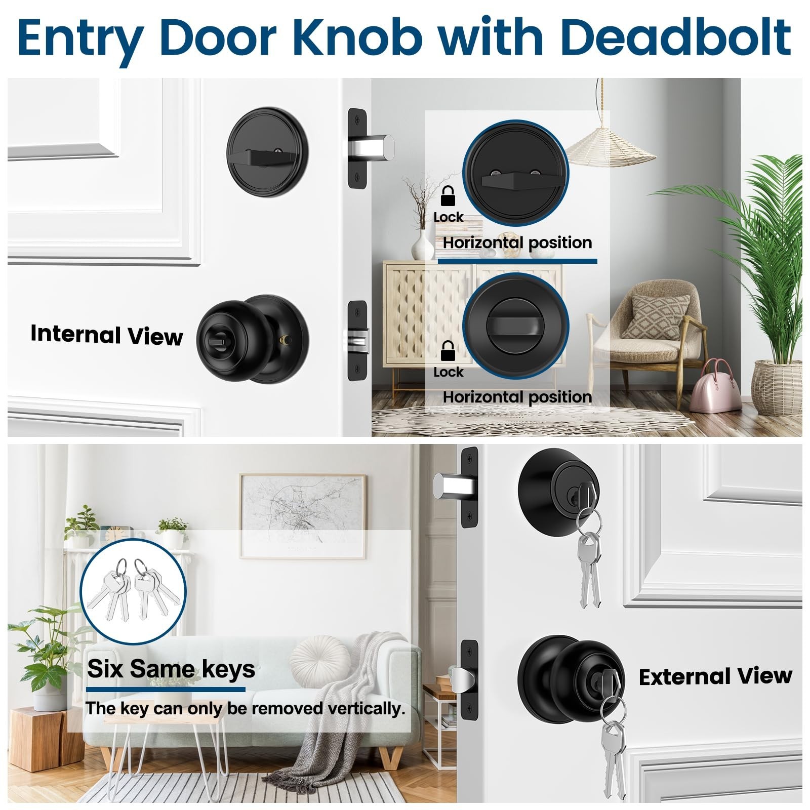 6 Pack Keyed Alike Exterior Door Knob with Lock, Single Cylinder Deadbolt Loc…