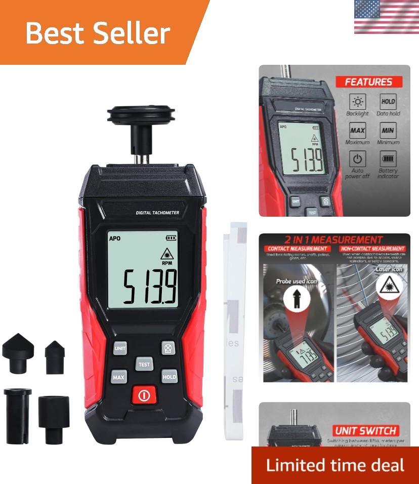 Versatile Digital Tachometer with Data Hold & Backlight – Ideal for Mechanics