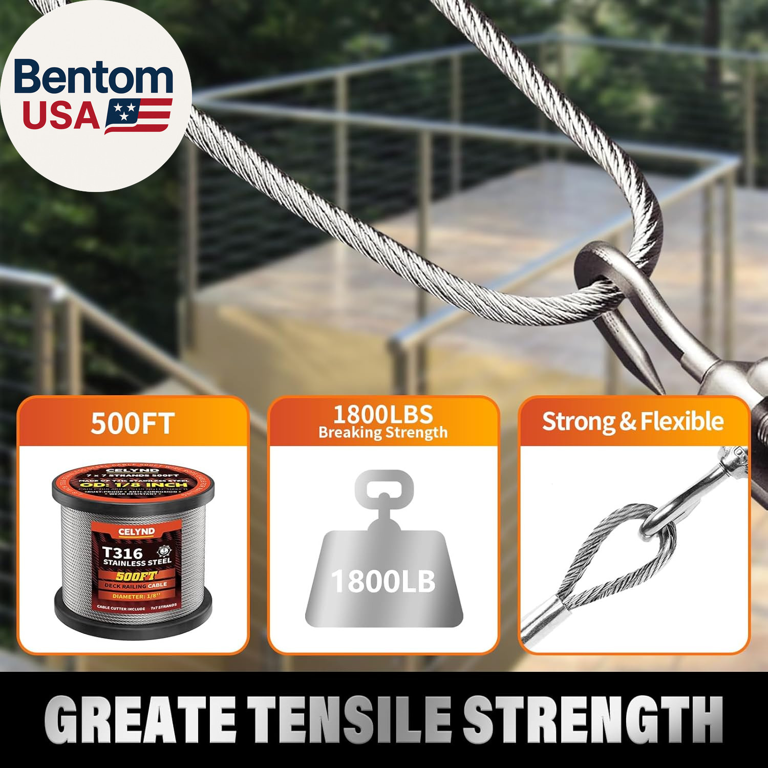 Stainless Steel Cable for Railing – 500FT 1/8″ T316 Wire Rope Cable for Deck Rai