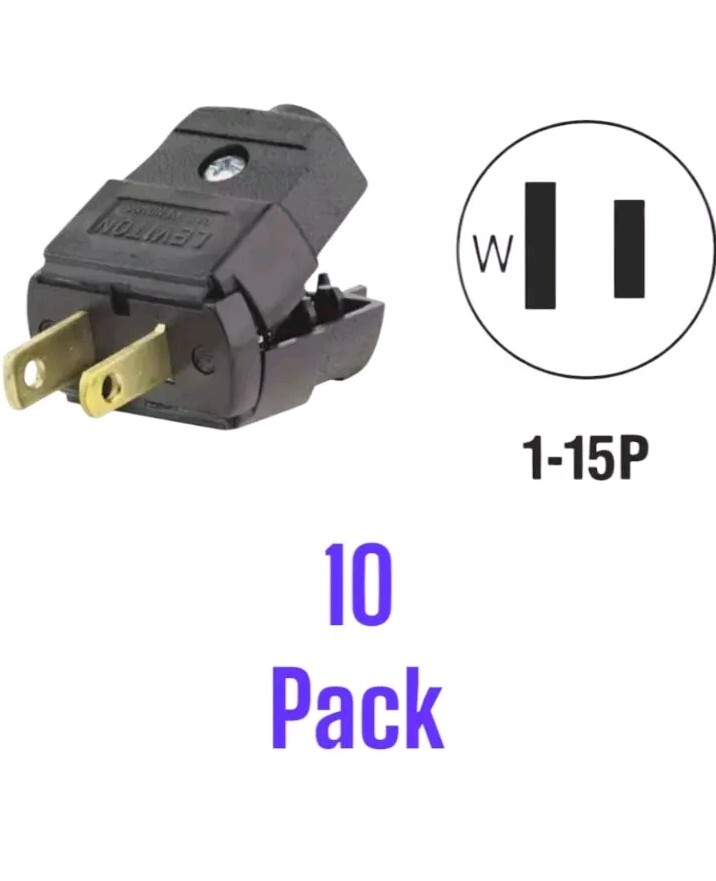 (10)- Leviton Black 15A 125V 2-Wire 2-Pole 1-15P Hinged Cord Plug 037-00101-2EP