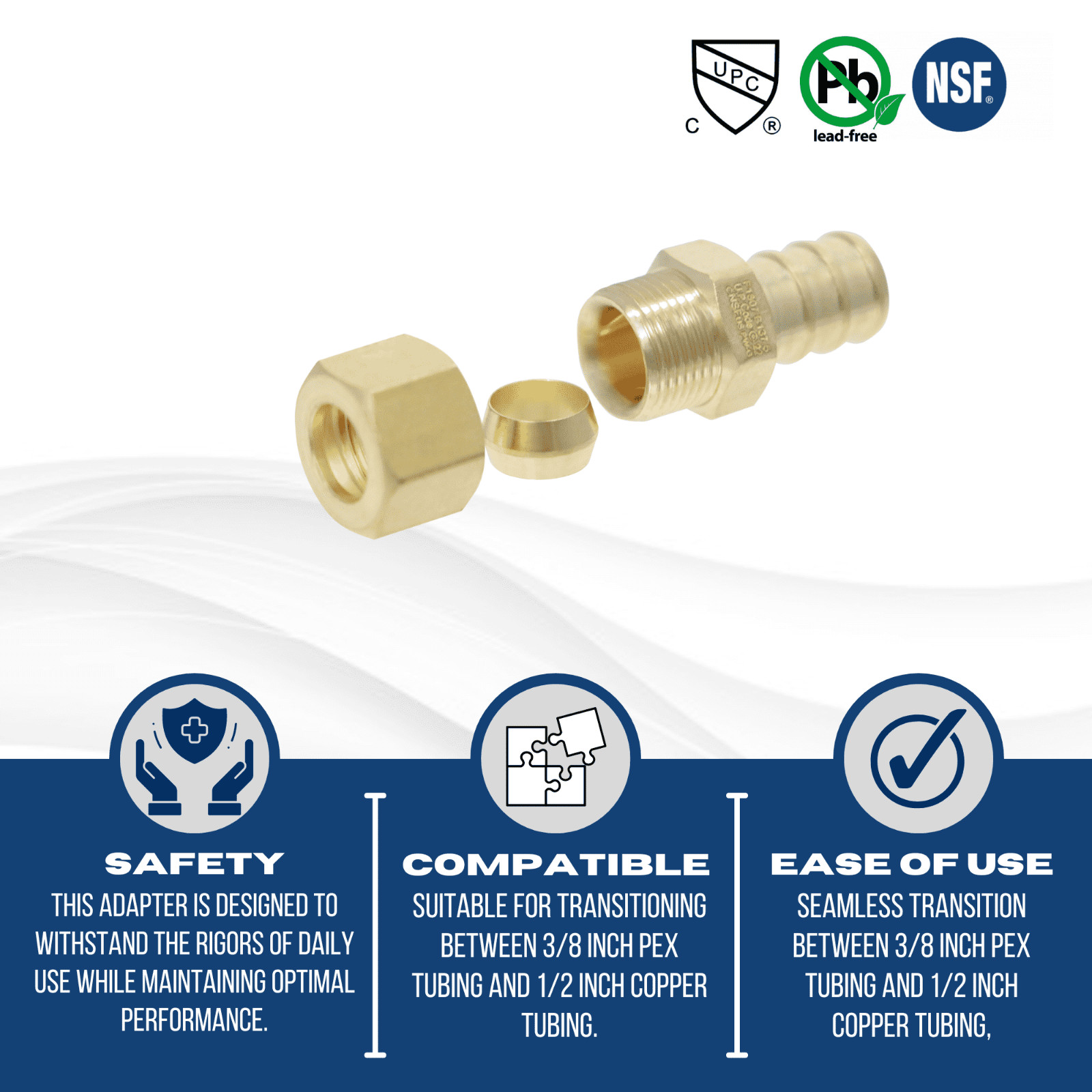 100 PIECES 1/2″ PEX X 3/8″ OD COMP. STRAIGHT ADAPTER FITTINGS LEADFREE BRASS NSF