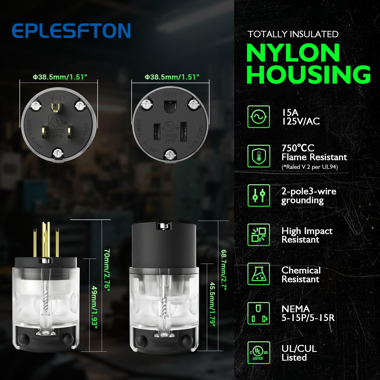 EPLESFTON 5 Set Lighted Extension Cord Ends, 15A 125V Black