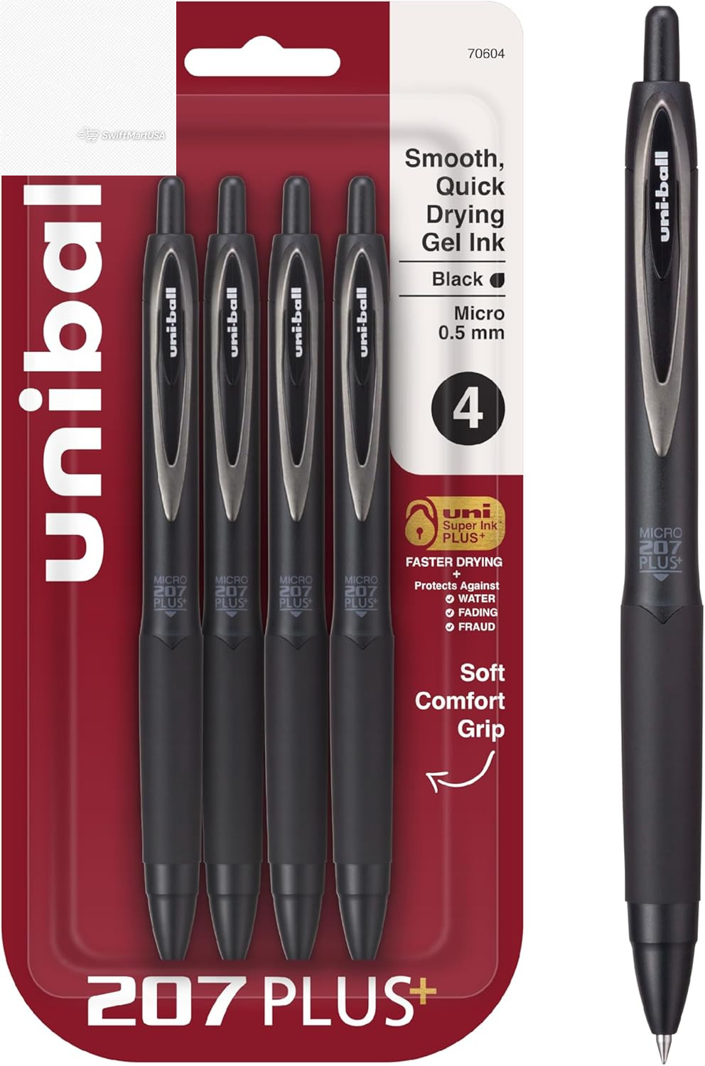 Uni-Ball 207+ Black Gel Pens 4 Pack Micro 0.5mm Fraud Proof Retractable Click