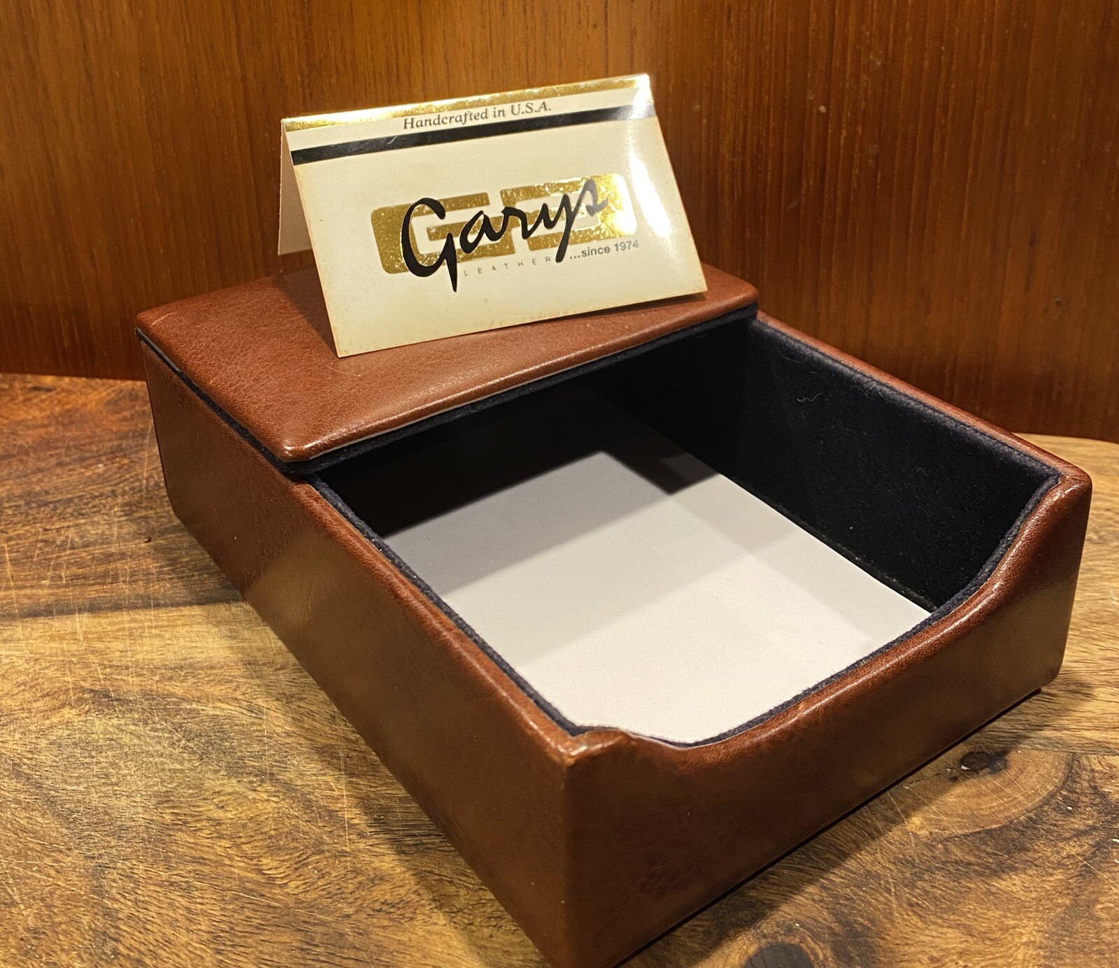 Vintage Gary’s Leather Old Leather Flip Top Memo Box Card Holder Desk Accessory