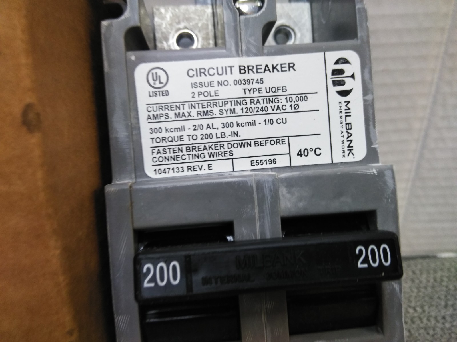 NEW Milbank 200 Amp 2 Pole Type UQFB Circuit Breaker 200A 2P 240V UQFB-200