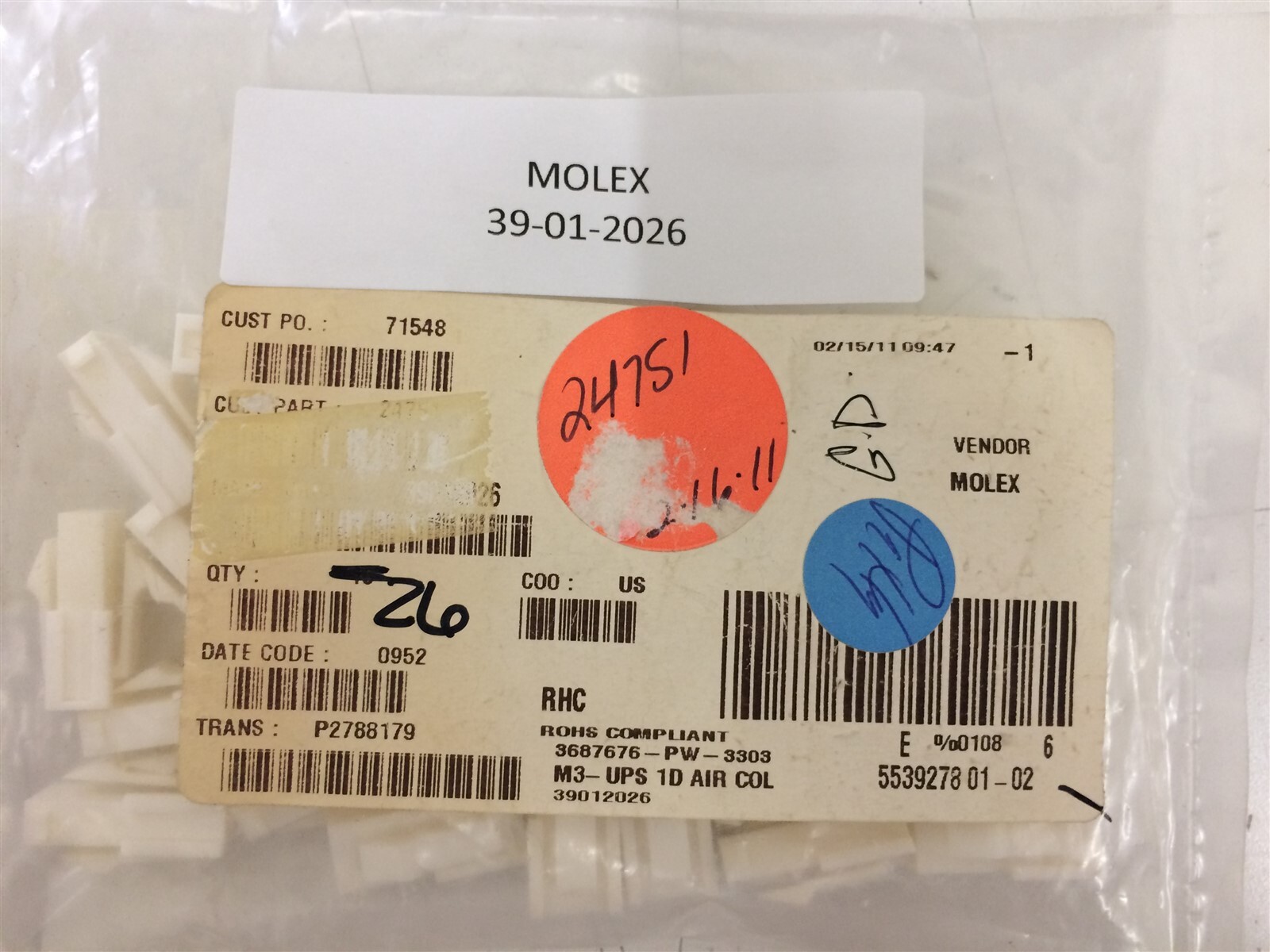 39-01-2026 MOLEX 0039012026 CONN PLUG HSG 2POS PNL MNT ROHS 20 PIECES