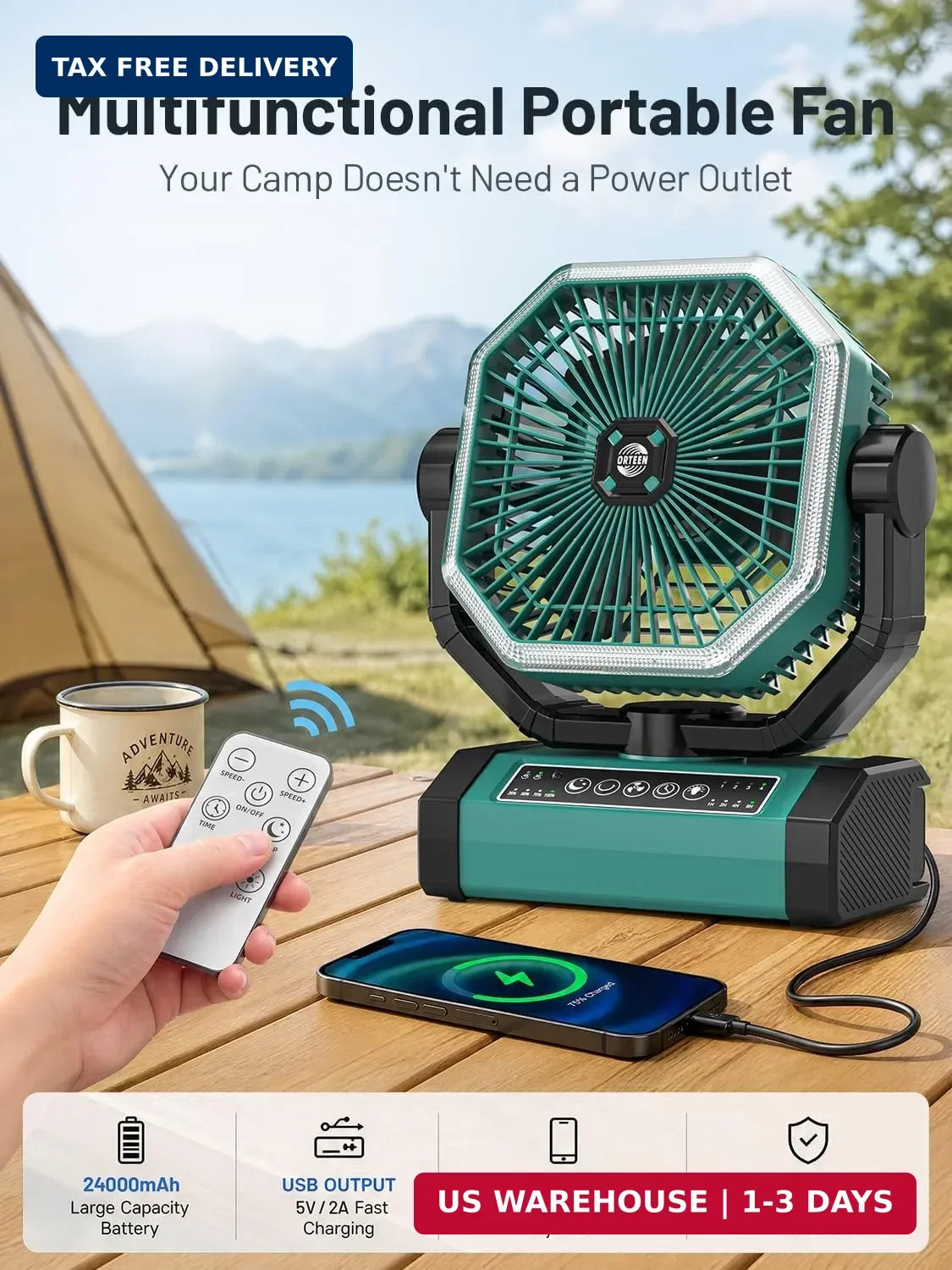 Portable Rechargeable Fan – 9-Inch Camping Fan for Tent, 24000mAh(60Hrs) Battery
