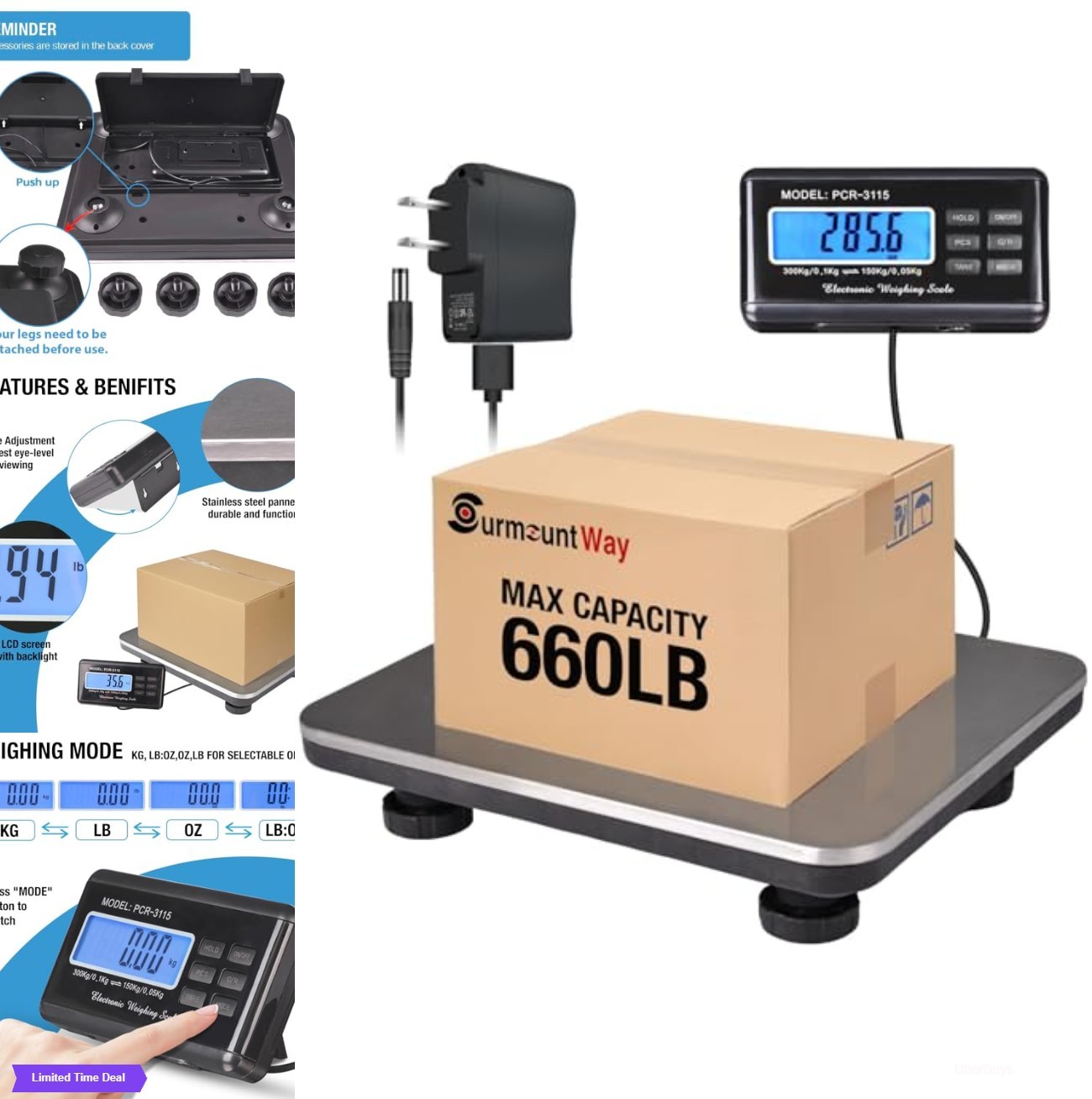 Digital Shipping Scale 660lb 0.2lb LCD Stainless Steel Platform Backlit Display