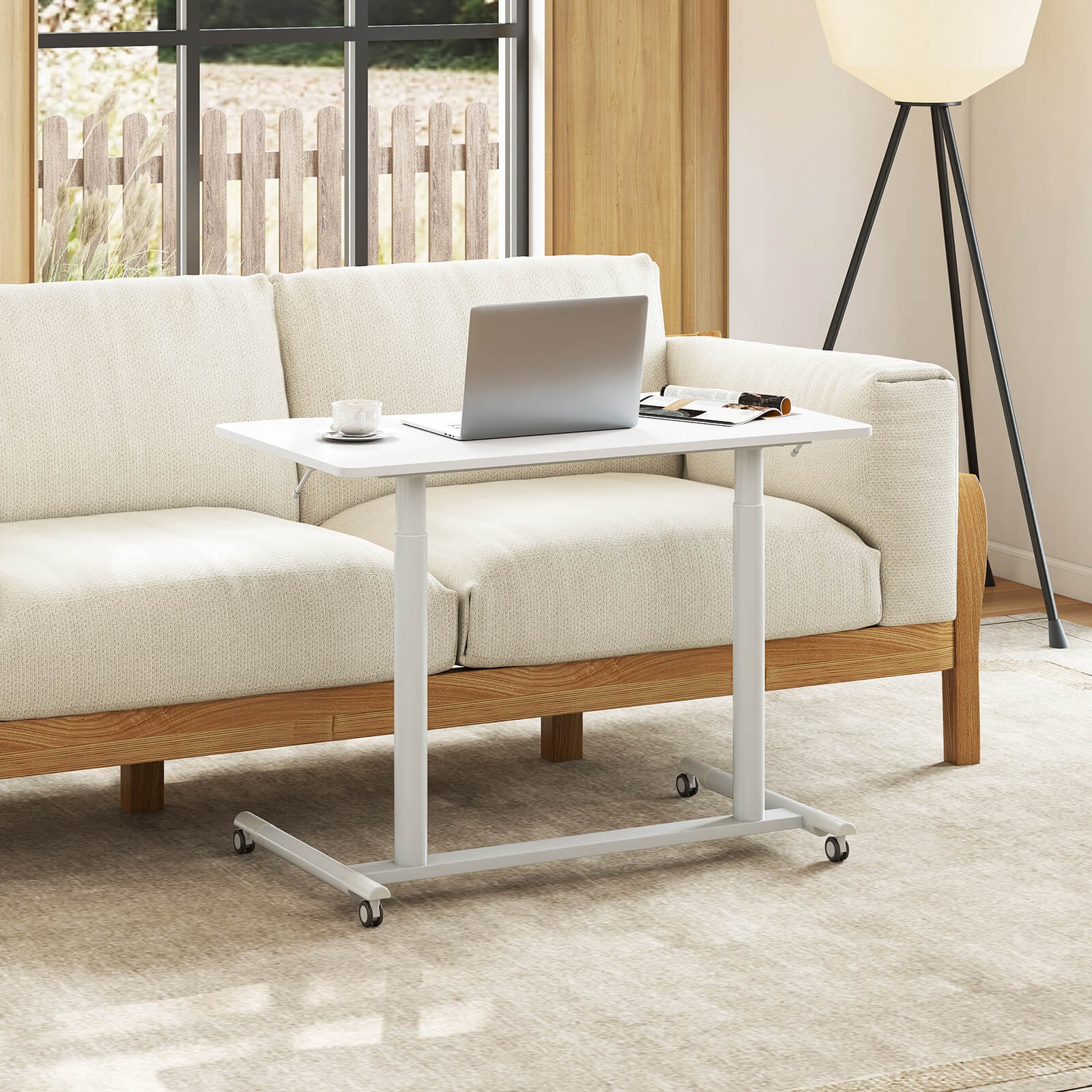 Costway Height Adjustable Computer Desk Sit Stand Rolling Notebook Table White