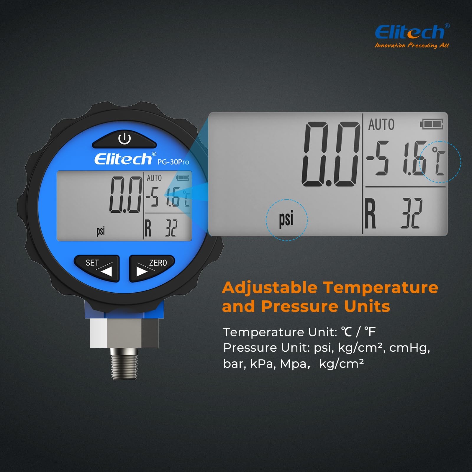 Elitech PG-30Pro Blue Refrigeration HVAC Digital Pressure Gauge