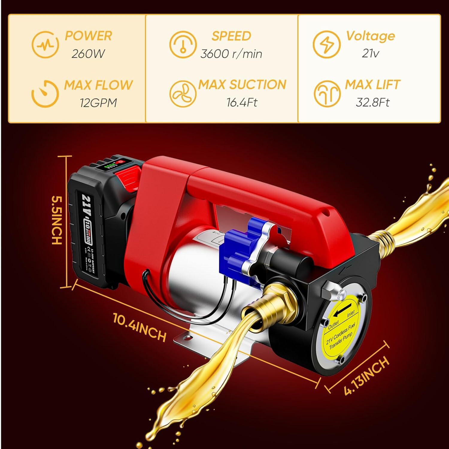 12gpm Cordless Diesel Transfer Pump Kit +Nozzle Self-Priming for Diesel&Kerosene