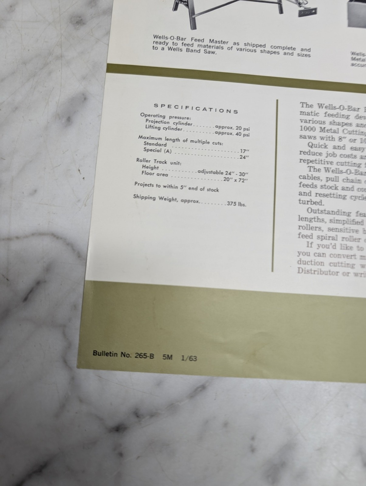 WELLS ROTO VEYOR AUTOMATIC BAR FEED MODEL 312 SALES BROCHURE INFORMATION