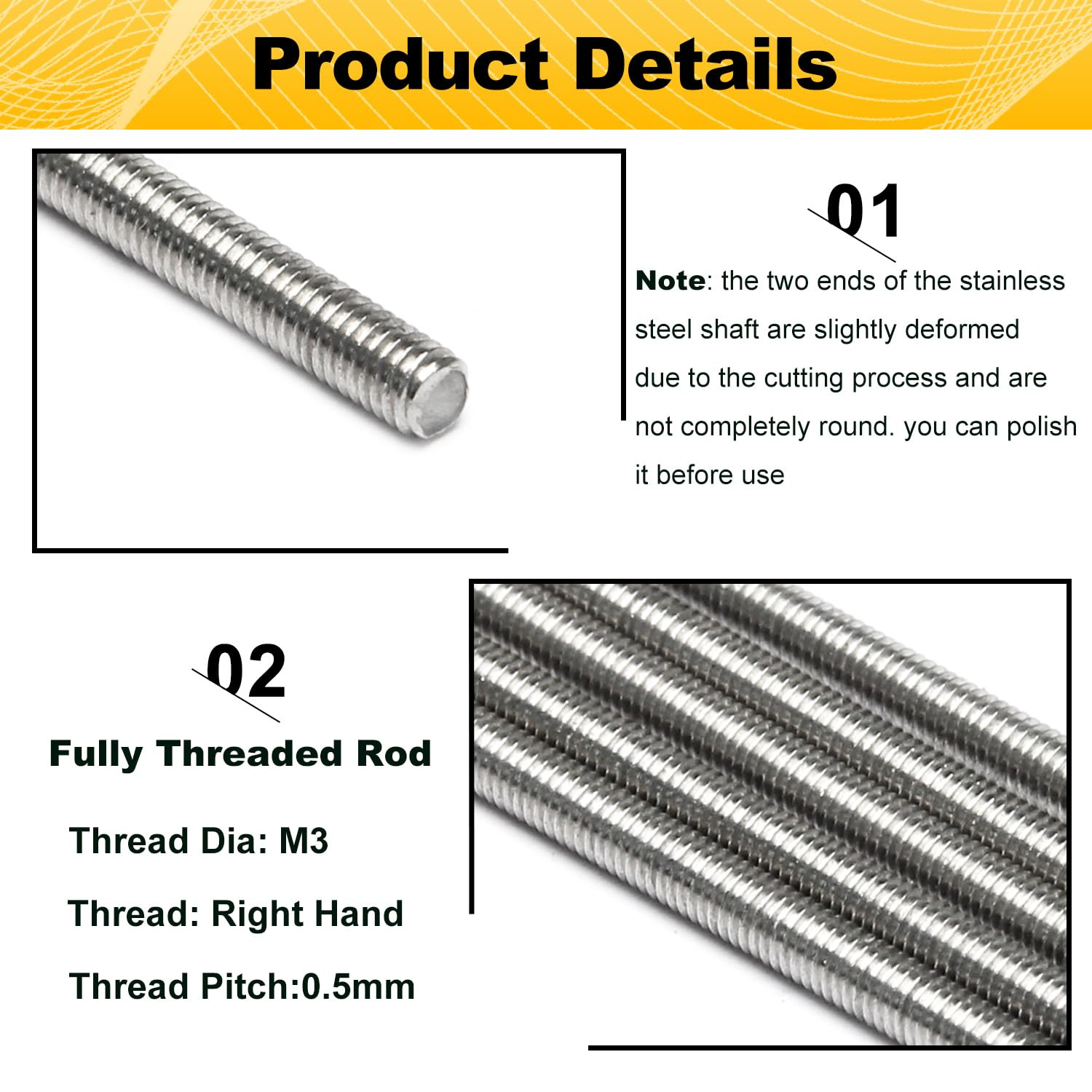5pc M3 x 300mm Fully Threaded Rods 304 Stainless Steel All Thread Studs Metric
