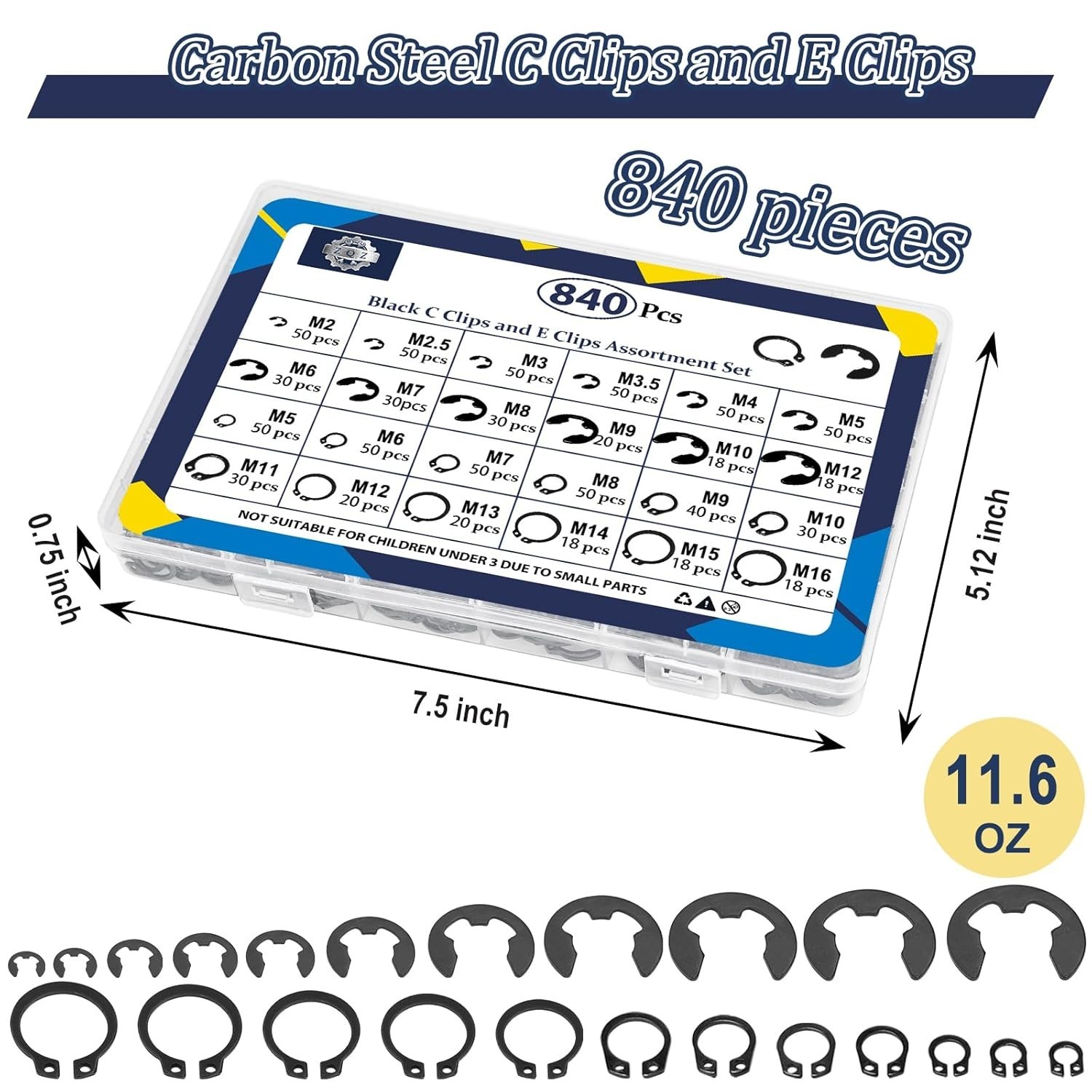 840Pcs C Clips & E Clips Assortment Set, M5-M16, 24 Sizes Snap Rings Kit, Steel