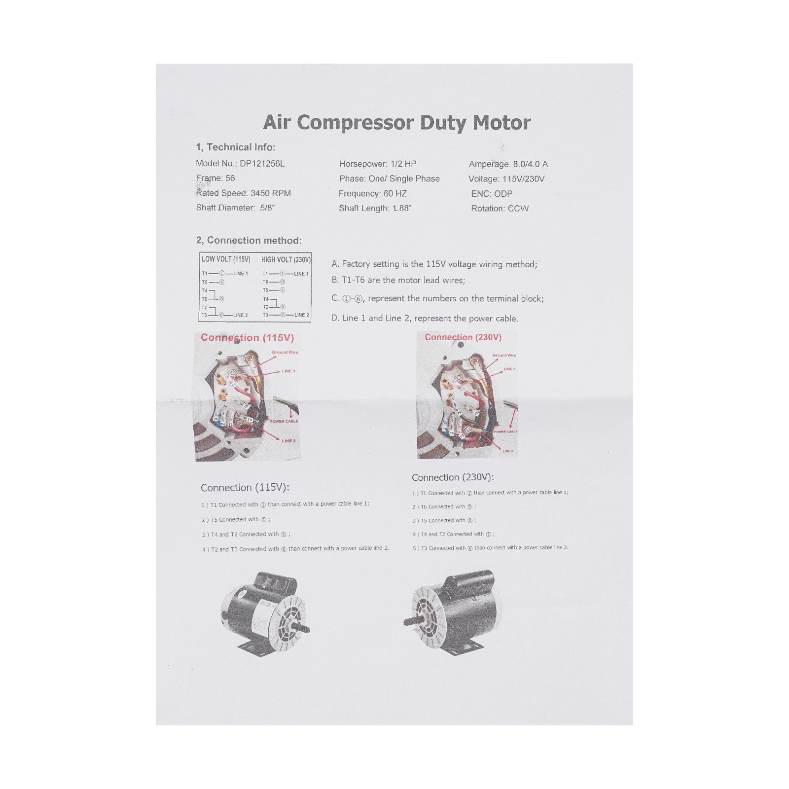 1/2HP Electric Motor 3450RPM General Purpose Single Phase Motor 115V/230V 104℉