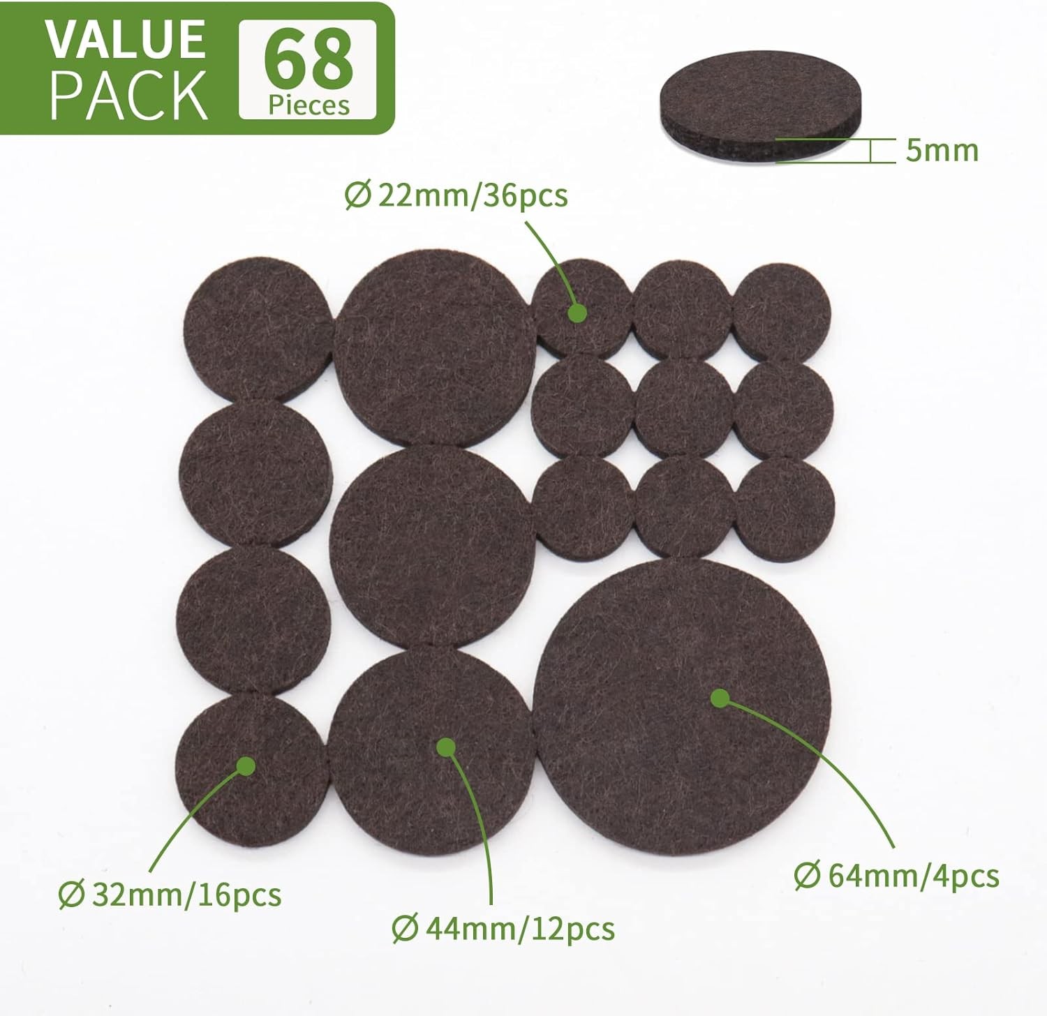 COVERCORNER Felt Furniture Pads 68PCS Value Pack Round Dark Brown, Brown
