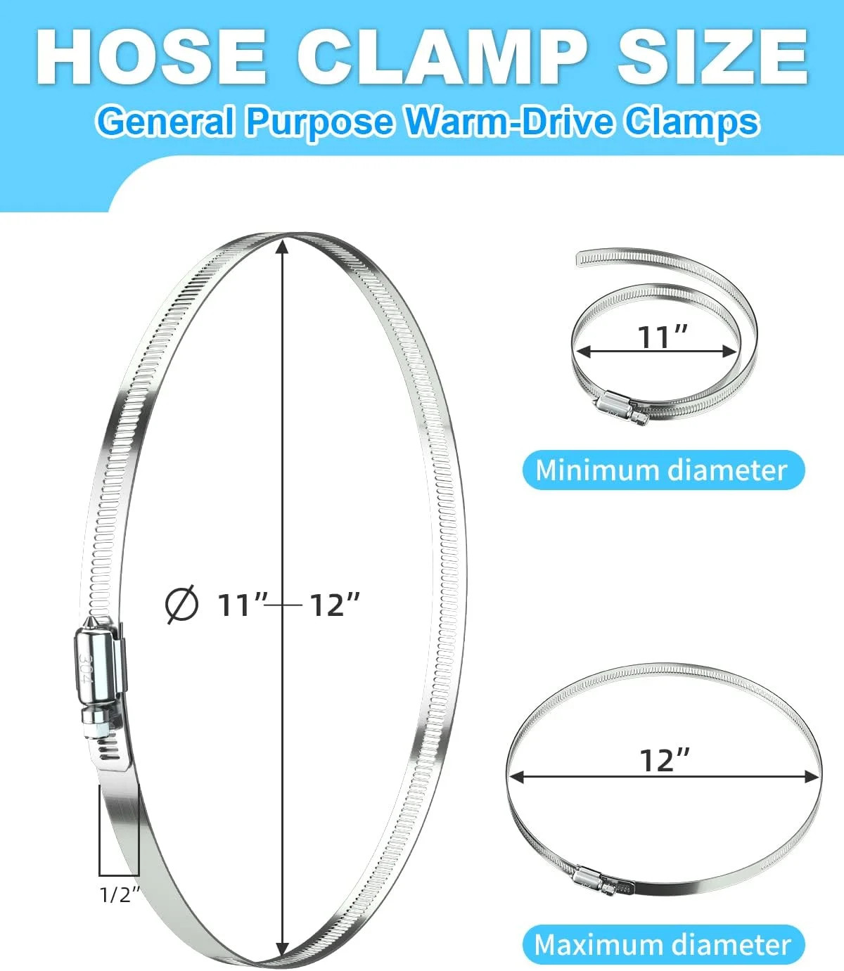 Hose Clamp Set – 6PCS 12 Inch 304 Stainless Steel Worm Gear Hose Clamps for Fuel