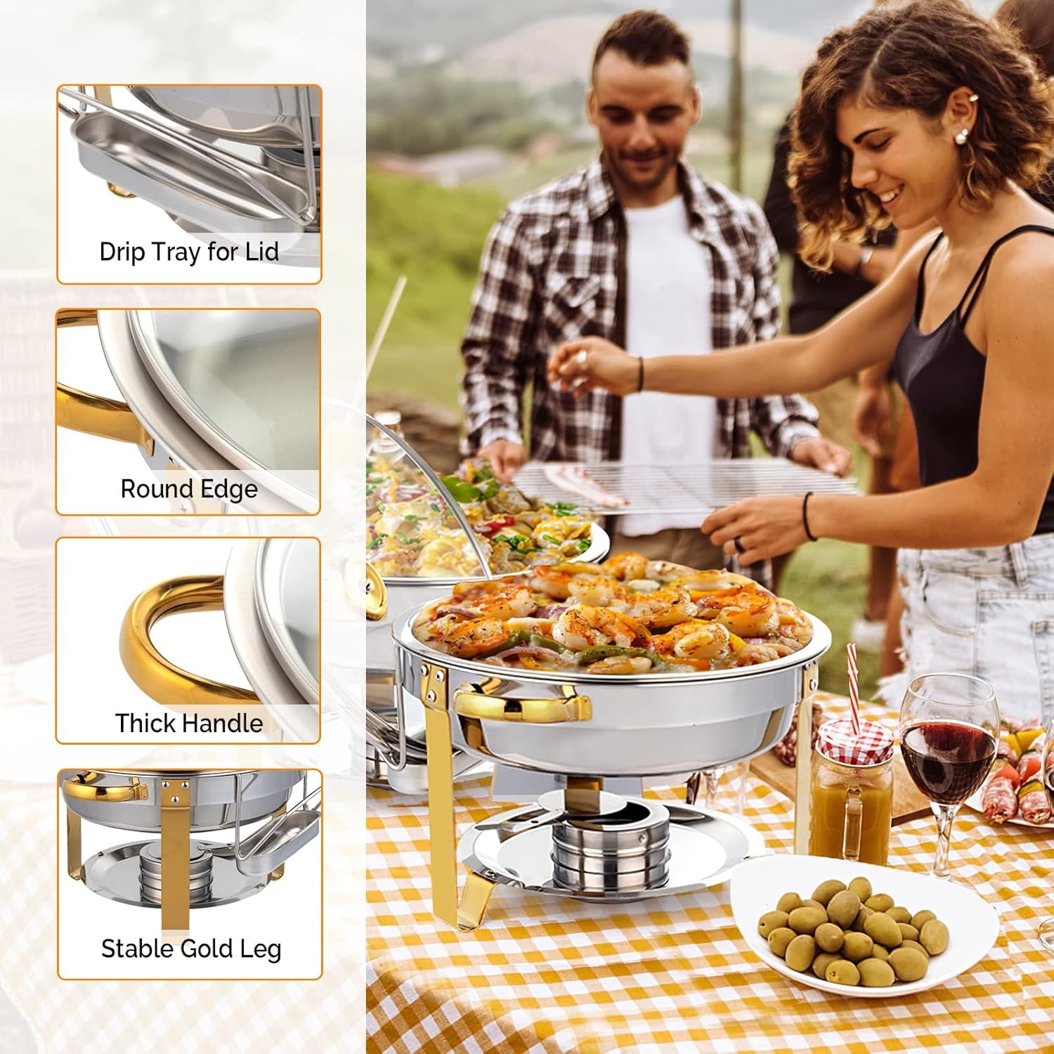 ROVSUN 4 Pack 5QT Gold Chafing Dish Buffet Set NSF Stainless w/ Glass Lid Holder
