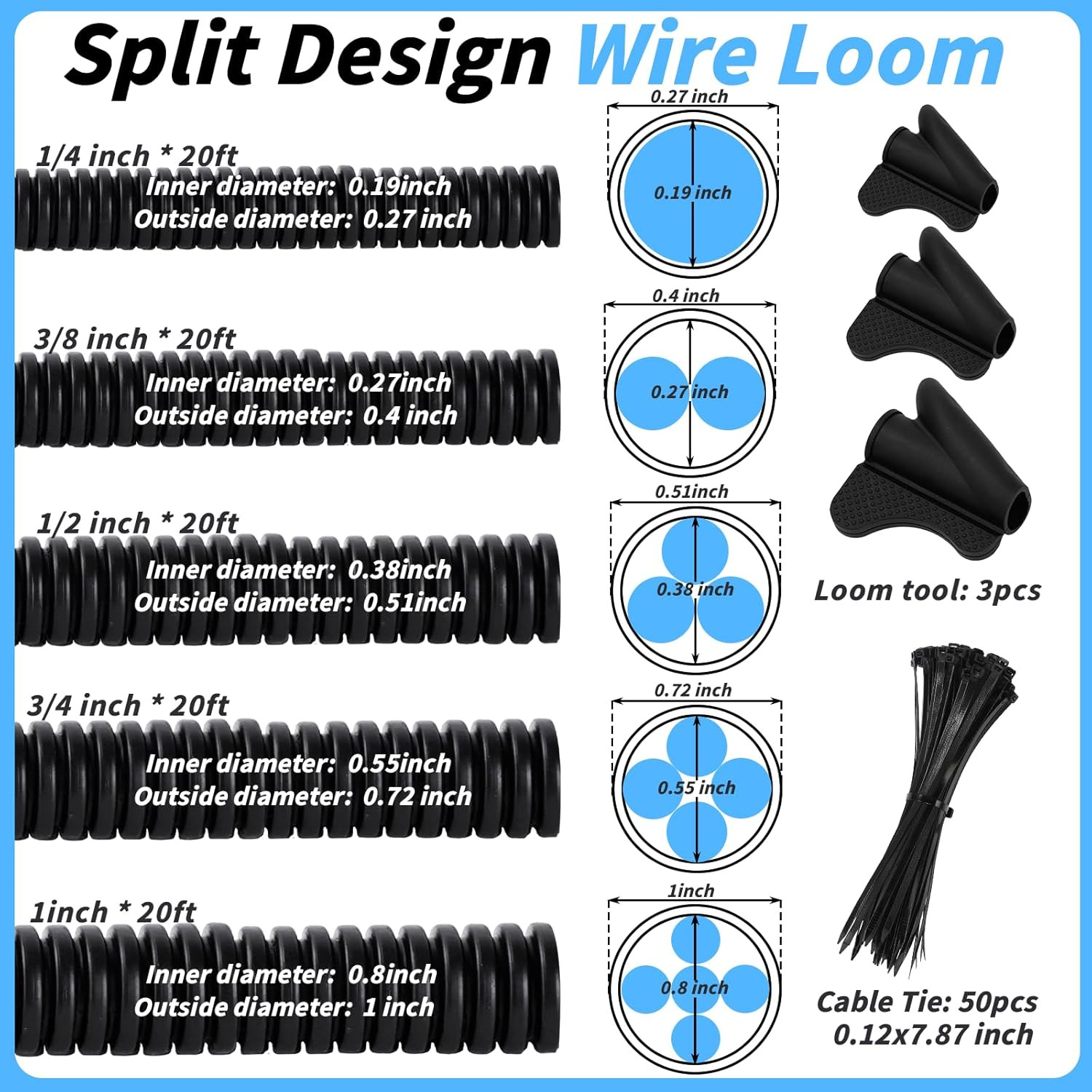 Split Wire Loom Tubing, 1/4,3/8,1/2,3/4,1 Inch X 20Ft Wire Protector Tubing, Aut