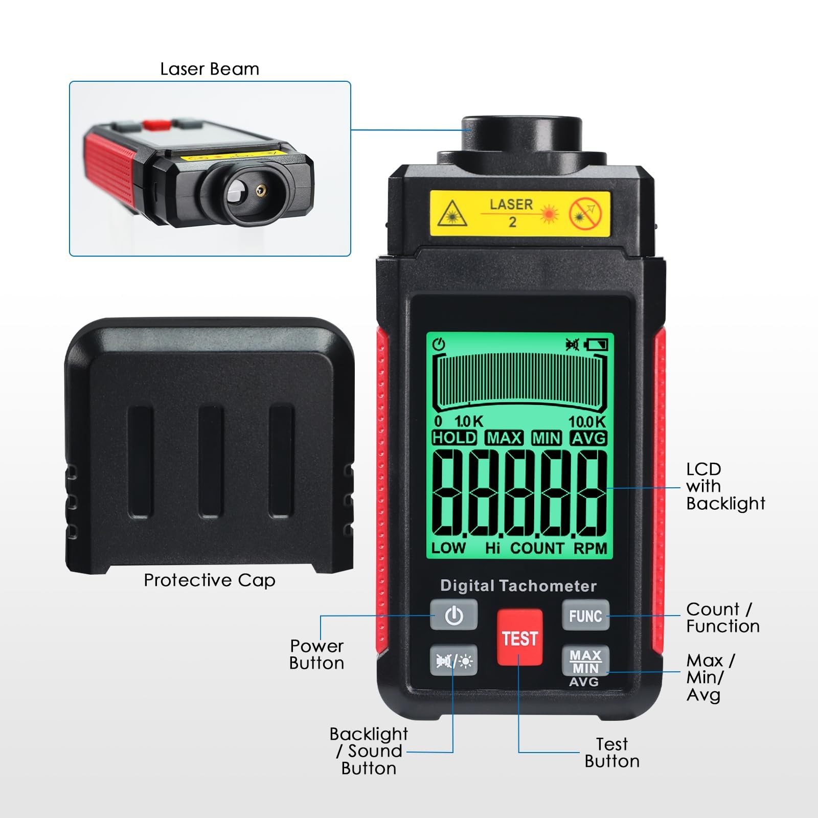 Digital RPM Tachometer NonContact Laser Speed Meter LCD Backlight Data Hold