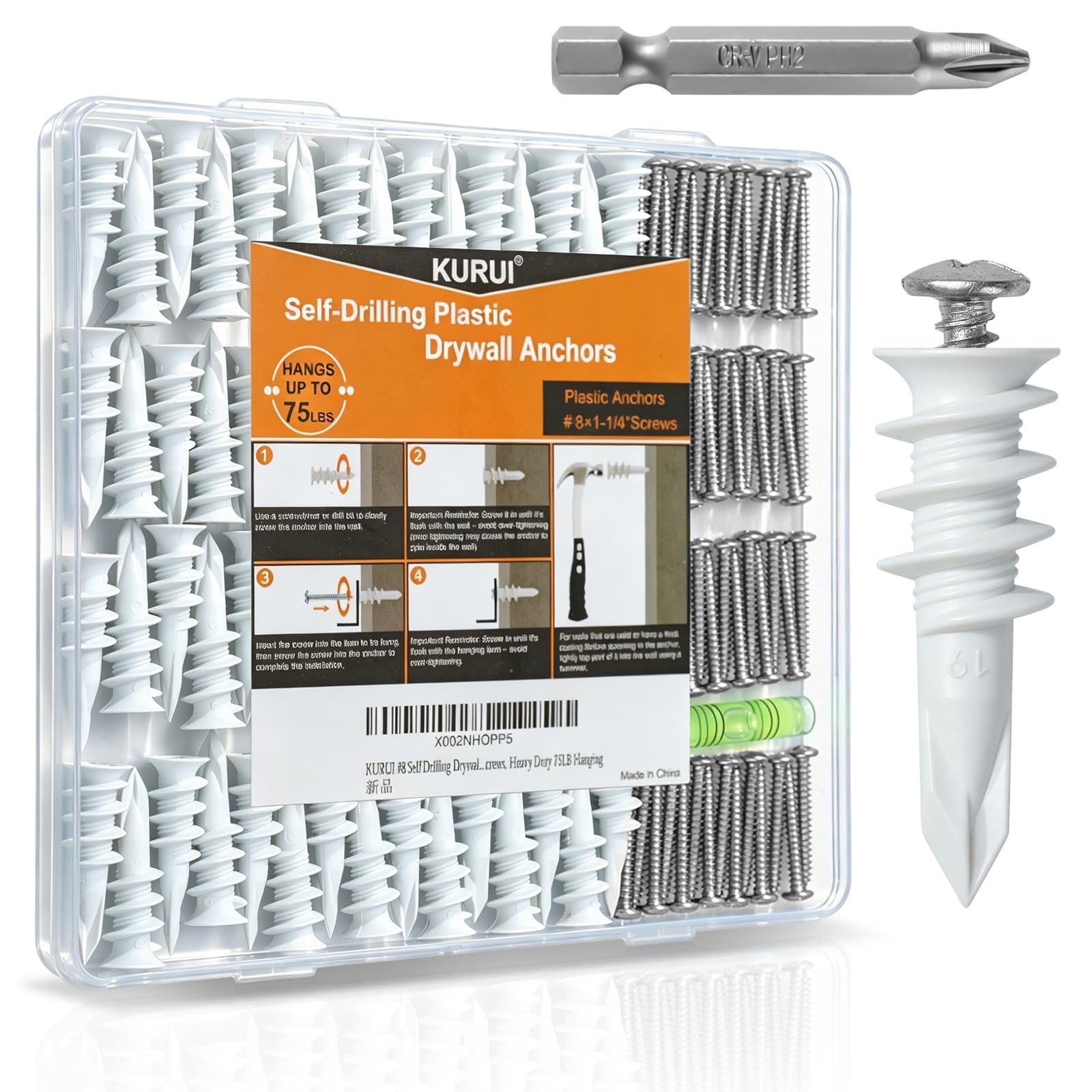 140 Pcs #8 Heavy Dty Plastic Drywall Anchors with Screws Kit 75LB for Sheetrock