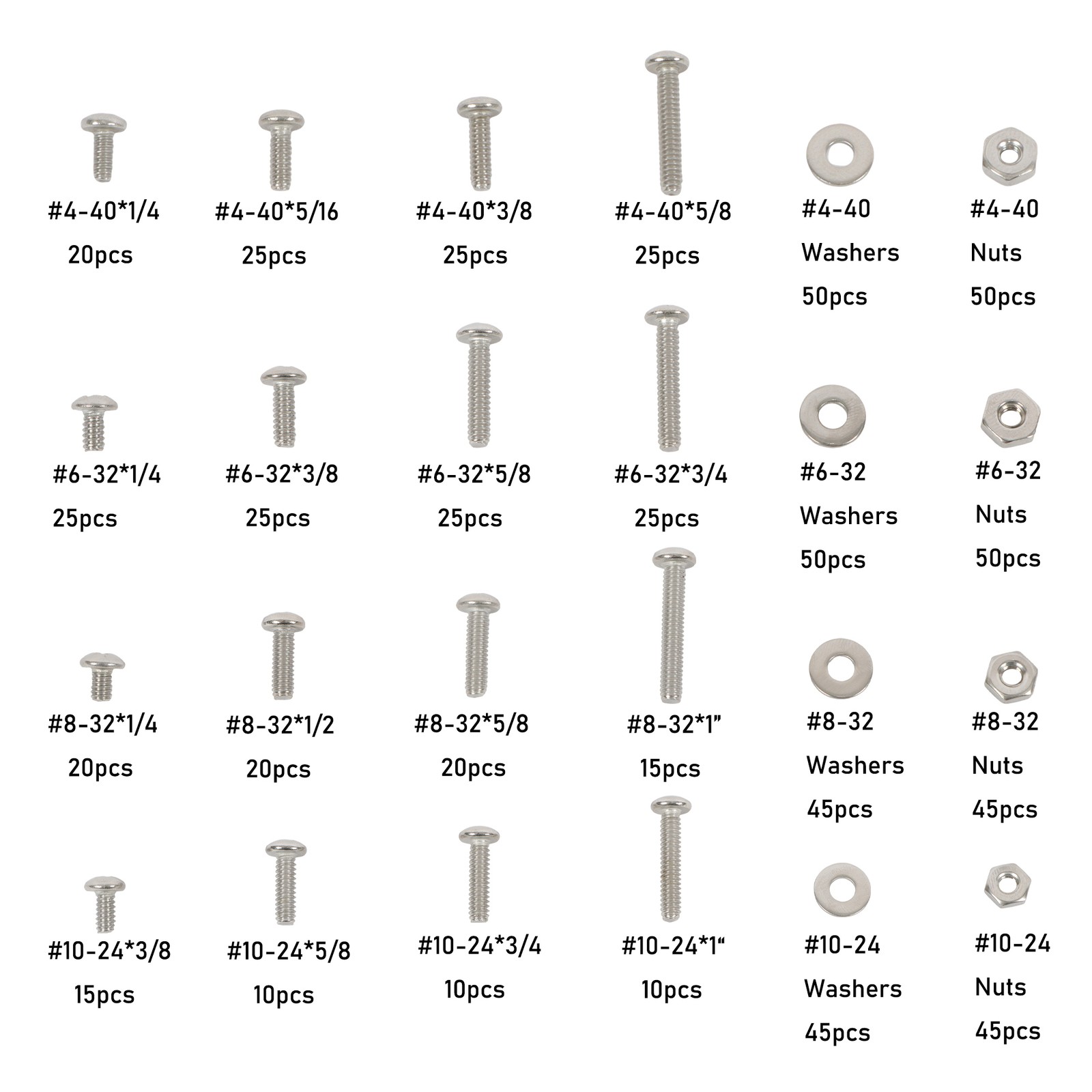 700Piece 4-40 to #10-24 Assortment, Phillips Pan Head Screws with Nuts Set