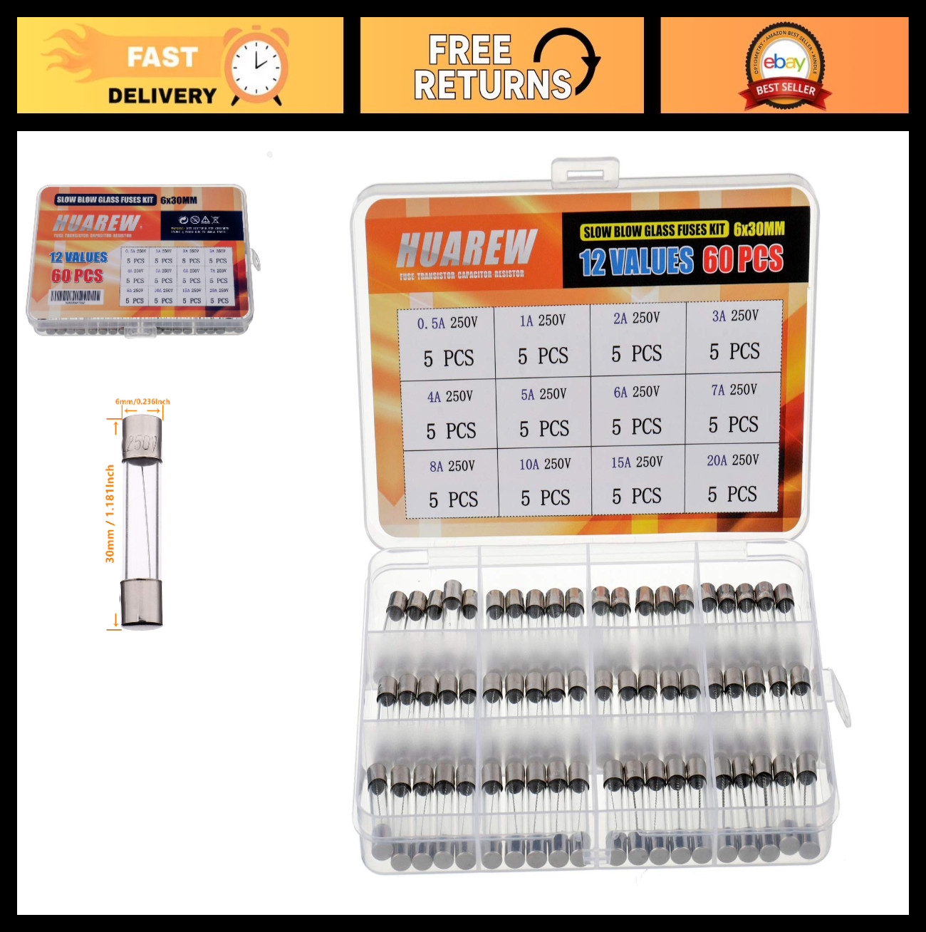 60 Pcs Slow Blow Glass Fuses Assortment Kit 6×30 mm 250V 0.5A to 20A – 12 Values