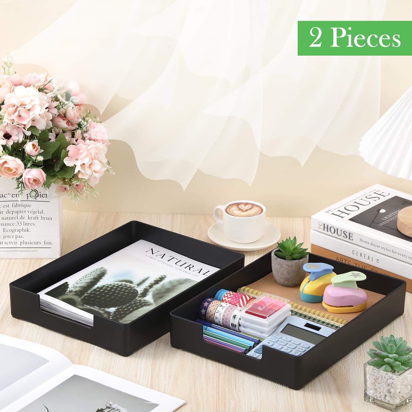 Cinnvoice 2 Pcs Letter-Size Desk Tray, 12.99 x 9.65 x 2.28 inches, Black