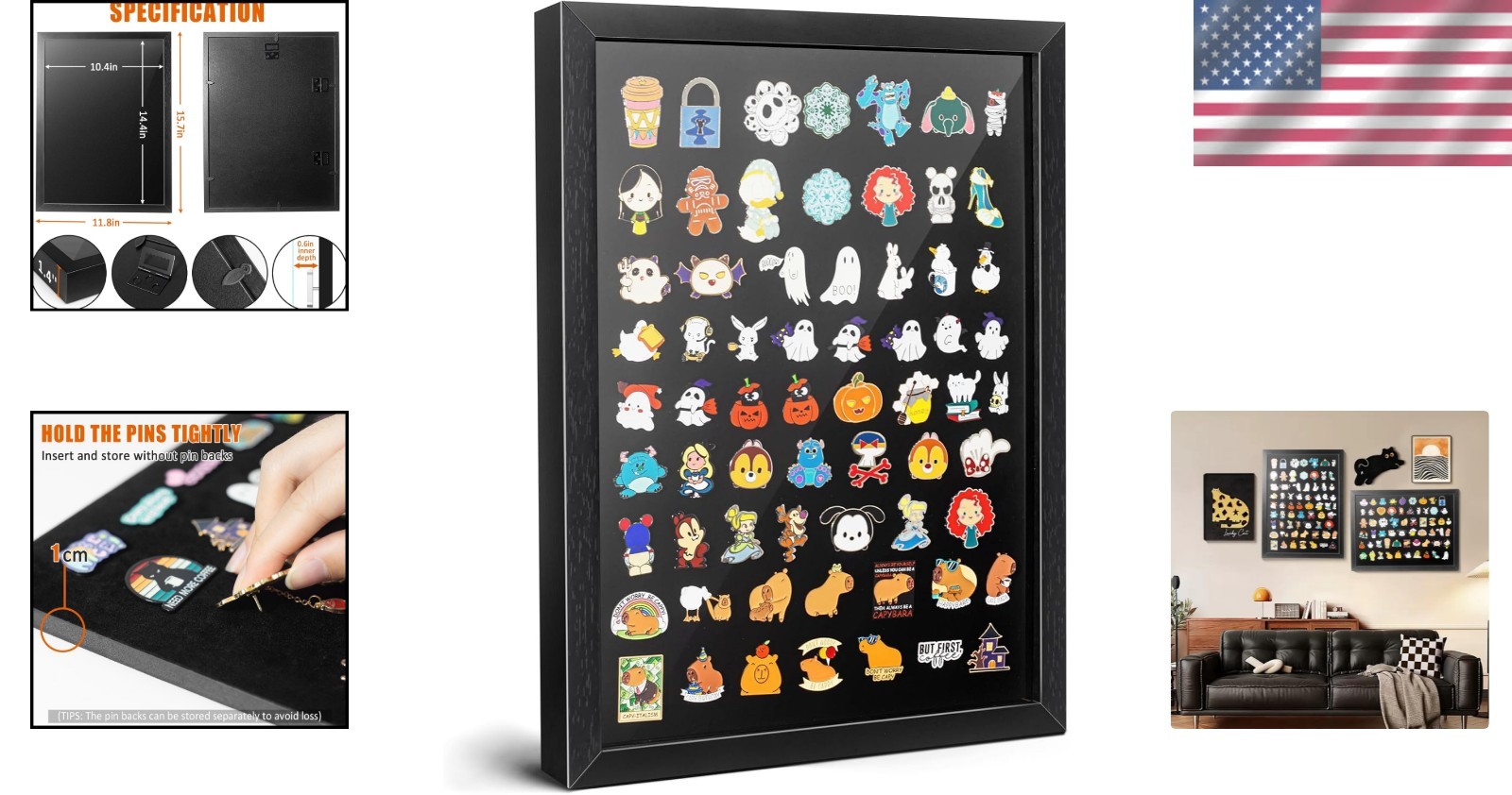 Pin Display Case Wall Mount Shadow Box Frame for Enamel Pins Black