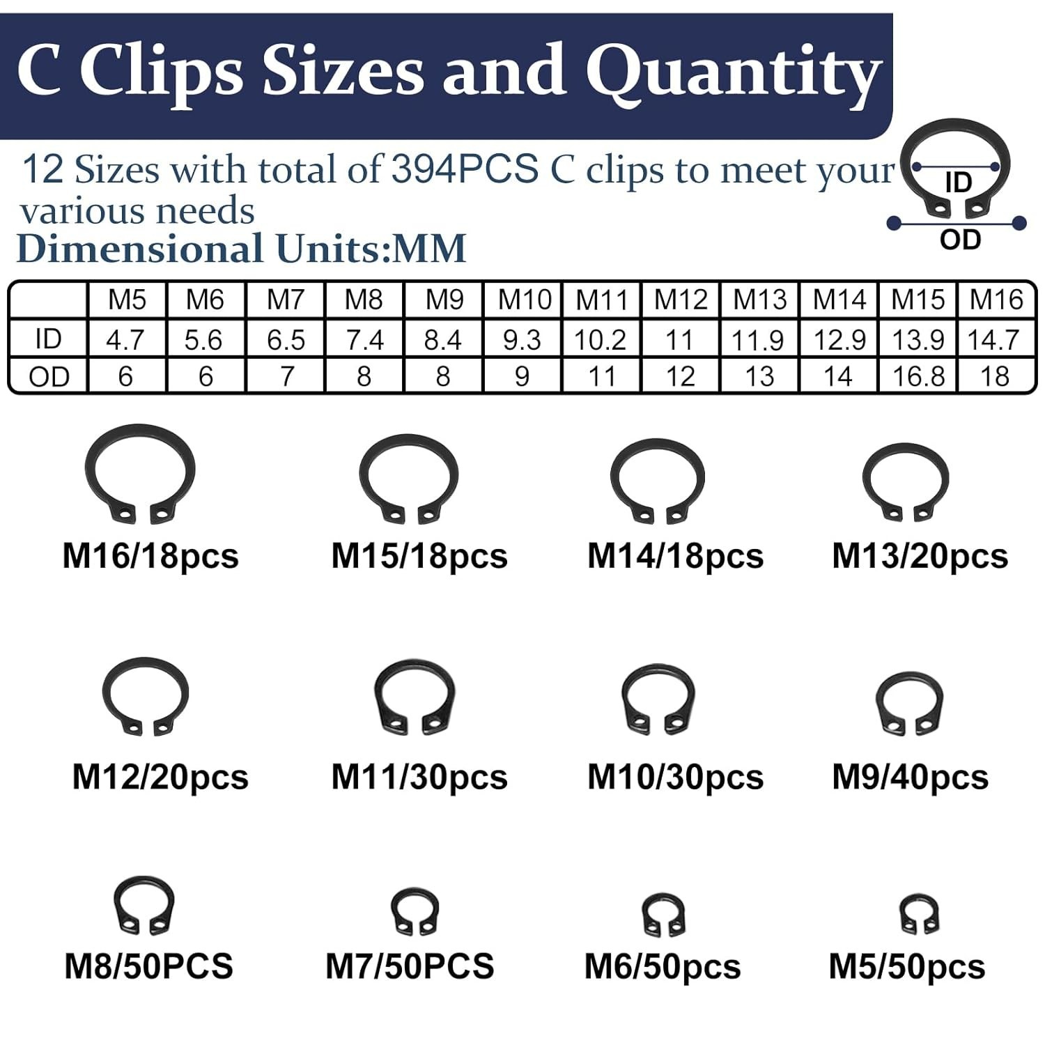 840Pcs C Clips & E Clips Assortment Set, M5-M16, 24 Sizes Snap Rings Kit, Steel