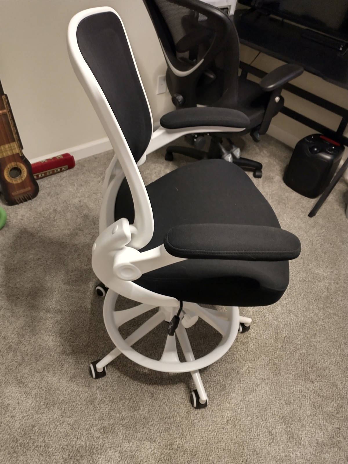 New Bojuzija Drafting/Office Chair With Foot Rest Flip Up Armrests White & Black