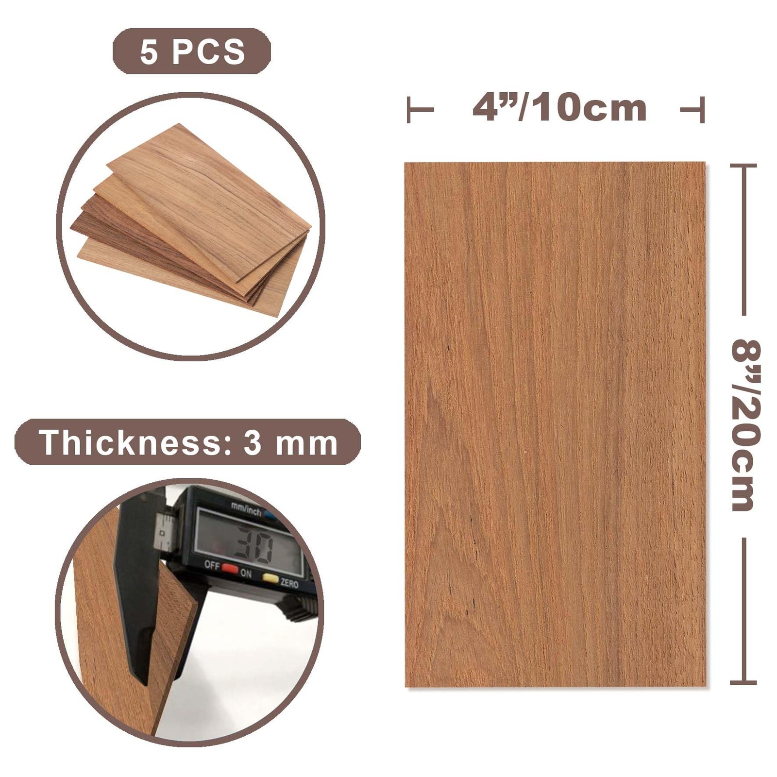 Teak Wood Sheets 1/8 inch Thick, 4×8 Solid Panel 8×4 inches, Dark Brown