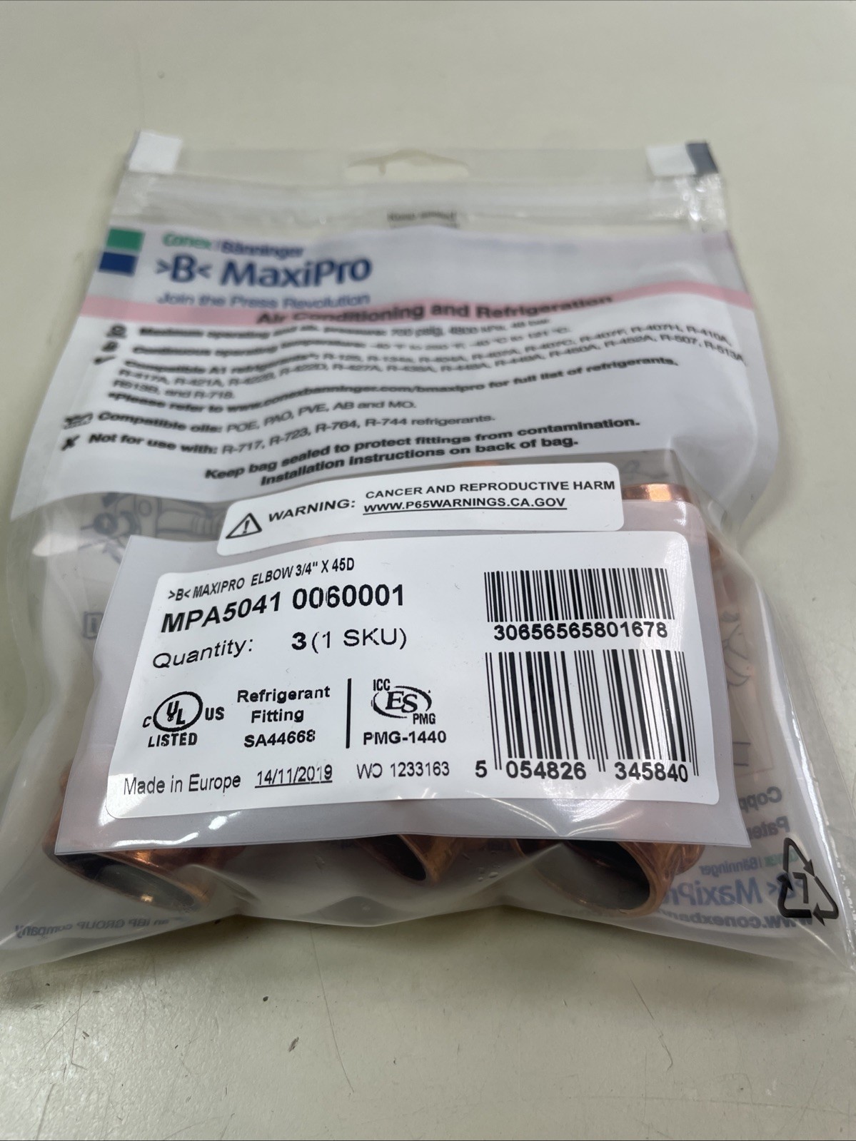 Conex B MaxiPro Press Elbow 3/4” x 45 Degrees MPA5041 0060001 Pack of 3 Fittings