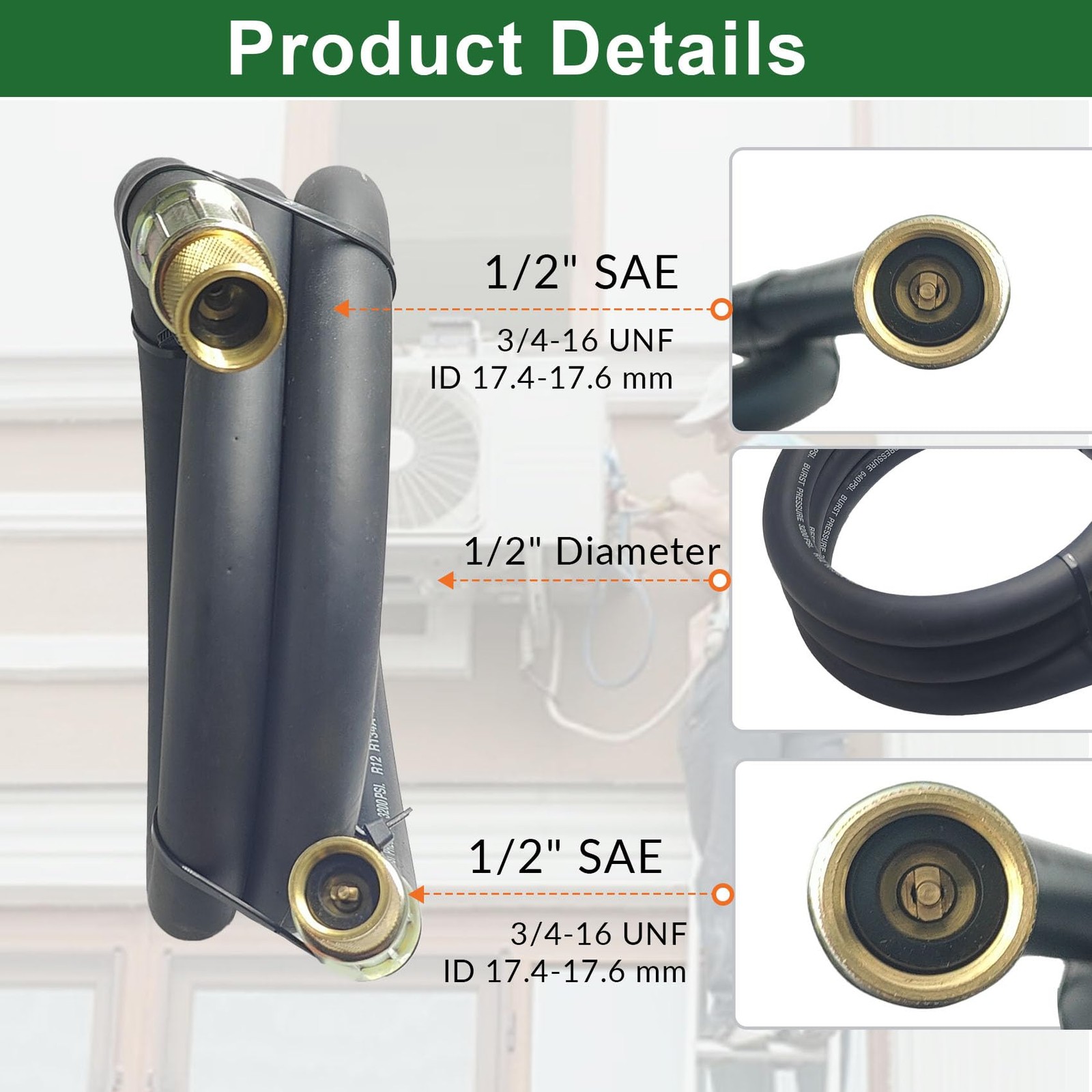 NHB3 6Ft HVAC Vacuum Hose 1/2″ Internal Diameter, 1/2 in to 1/2 in Fittings