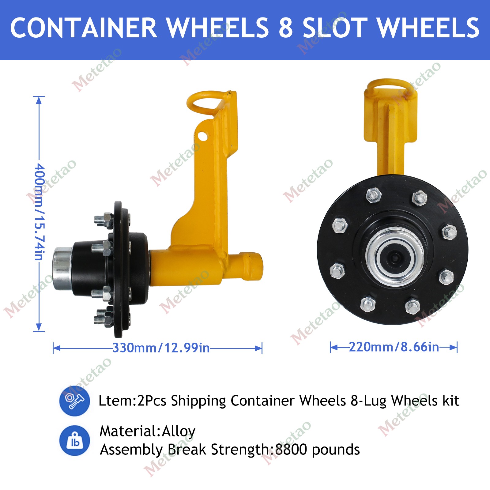 2Pack Shipping Container Wheels 8×6.5 Lug Wheels Kit with Ratchet Strap US