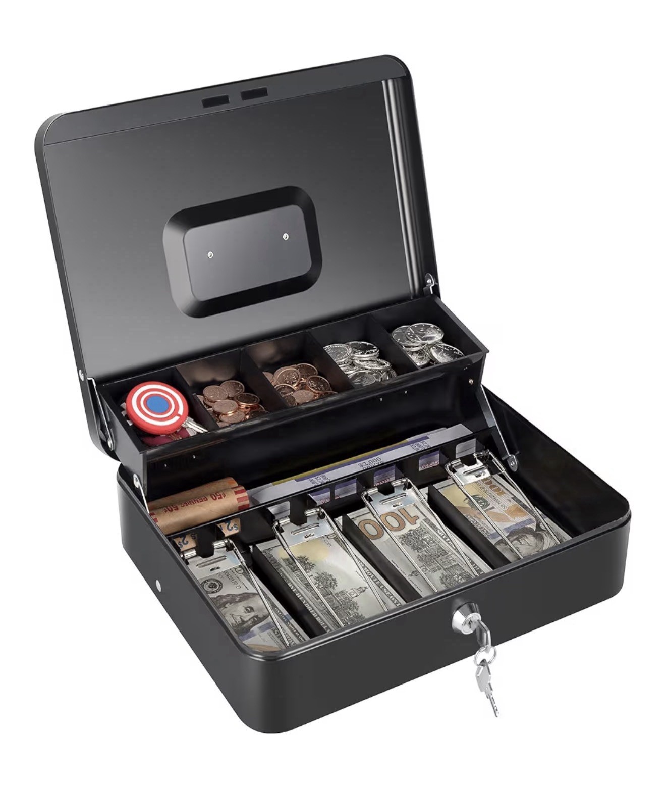 Large Lockable Cash Box with Money Tray & Key, Black, 11.8×9.45×3.54